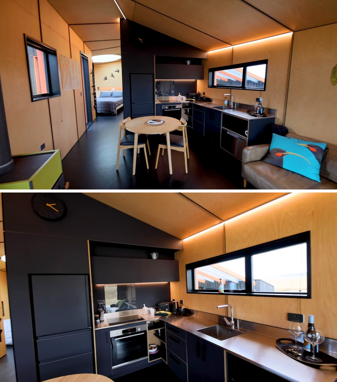 The matte black kitchen of this small cabin, is a striking contrast to the wood walls, while lighting follows the line of the ceiling.