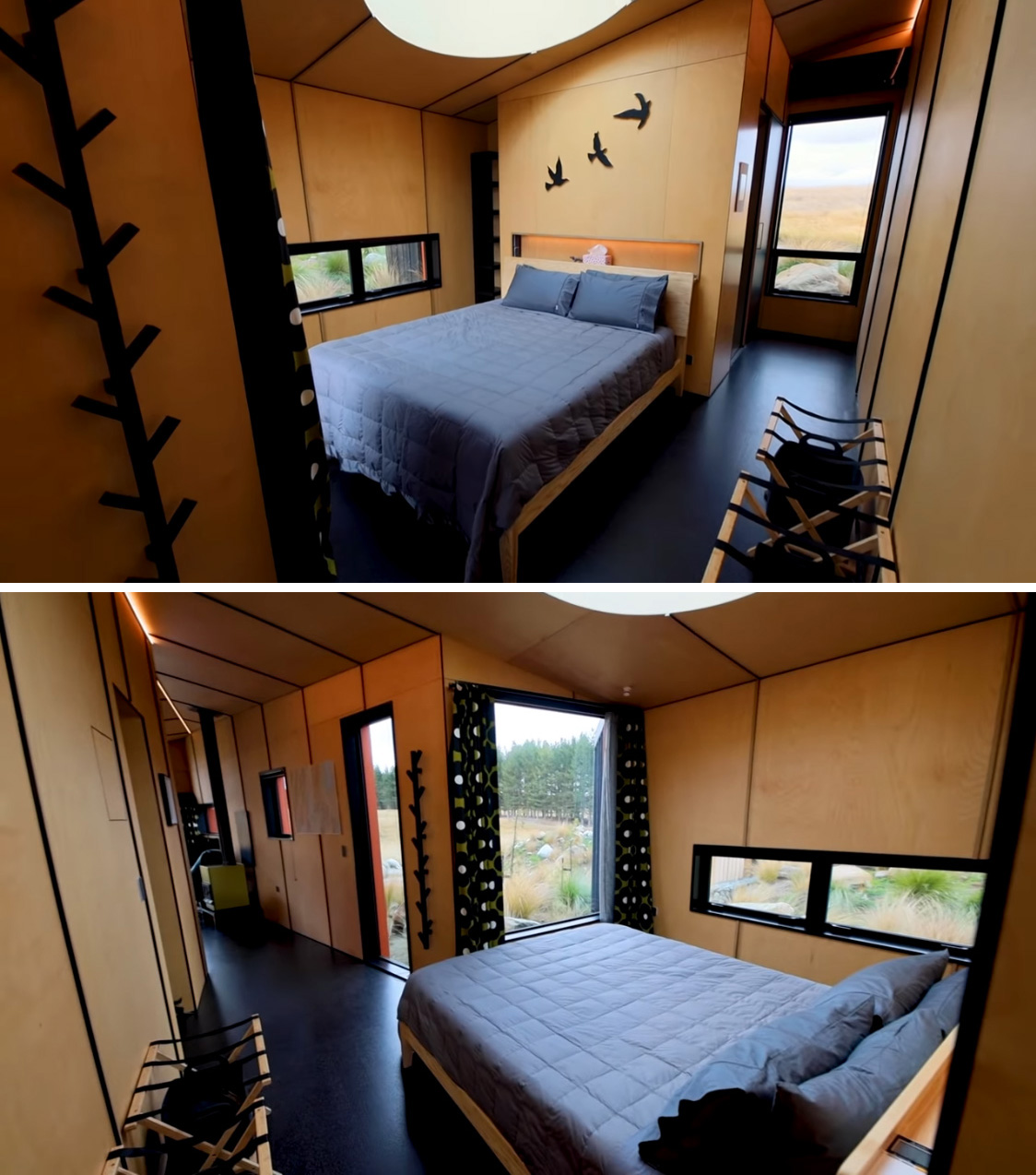 This bedroom is a small cabin includes a small recessed shelving niche above the headboard, ideal for a glass of wine or a book, while windows provide unobstructed views of the outdoors.