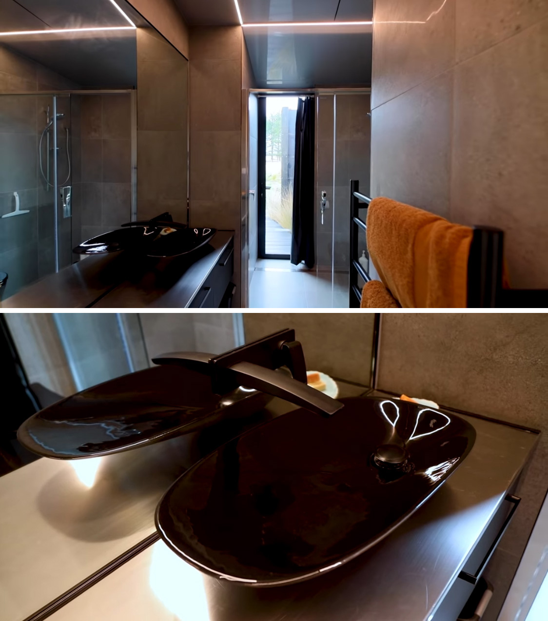 This bathroom features large format tiles, a vanity with a stainless steel countertop, and a door by the shower that opens to a pathway that leads to an outdoor bathtub.