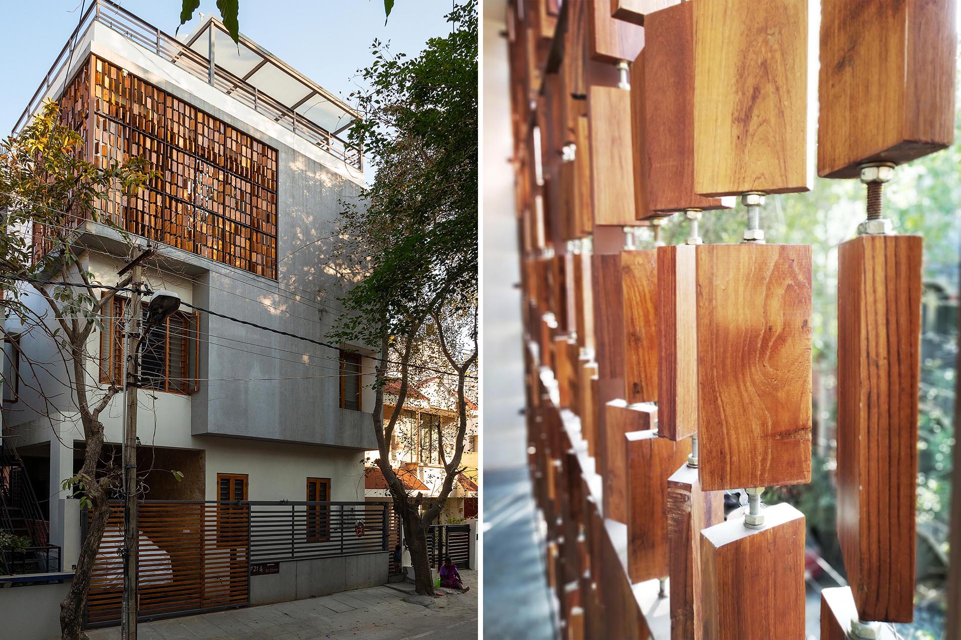 A modern house with a wood block screen that wraps around the corner of the home.