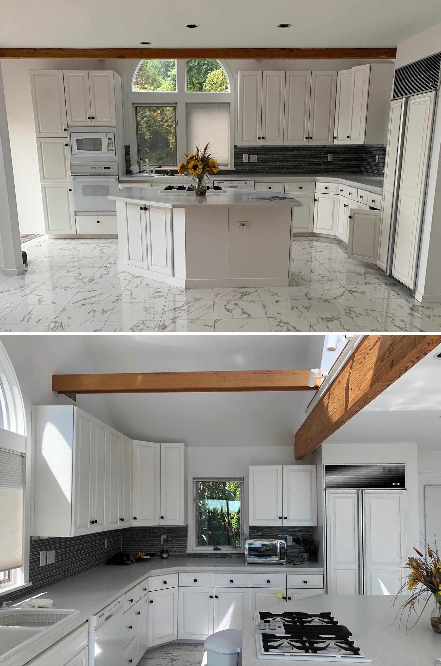 This original 1980s kitchen was outdated with old appliances and an uniquely shaped island. It was remodeled and transformed into a contemporary kitchen.