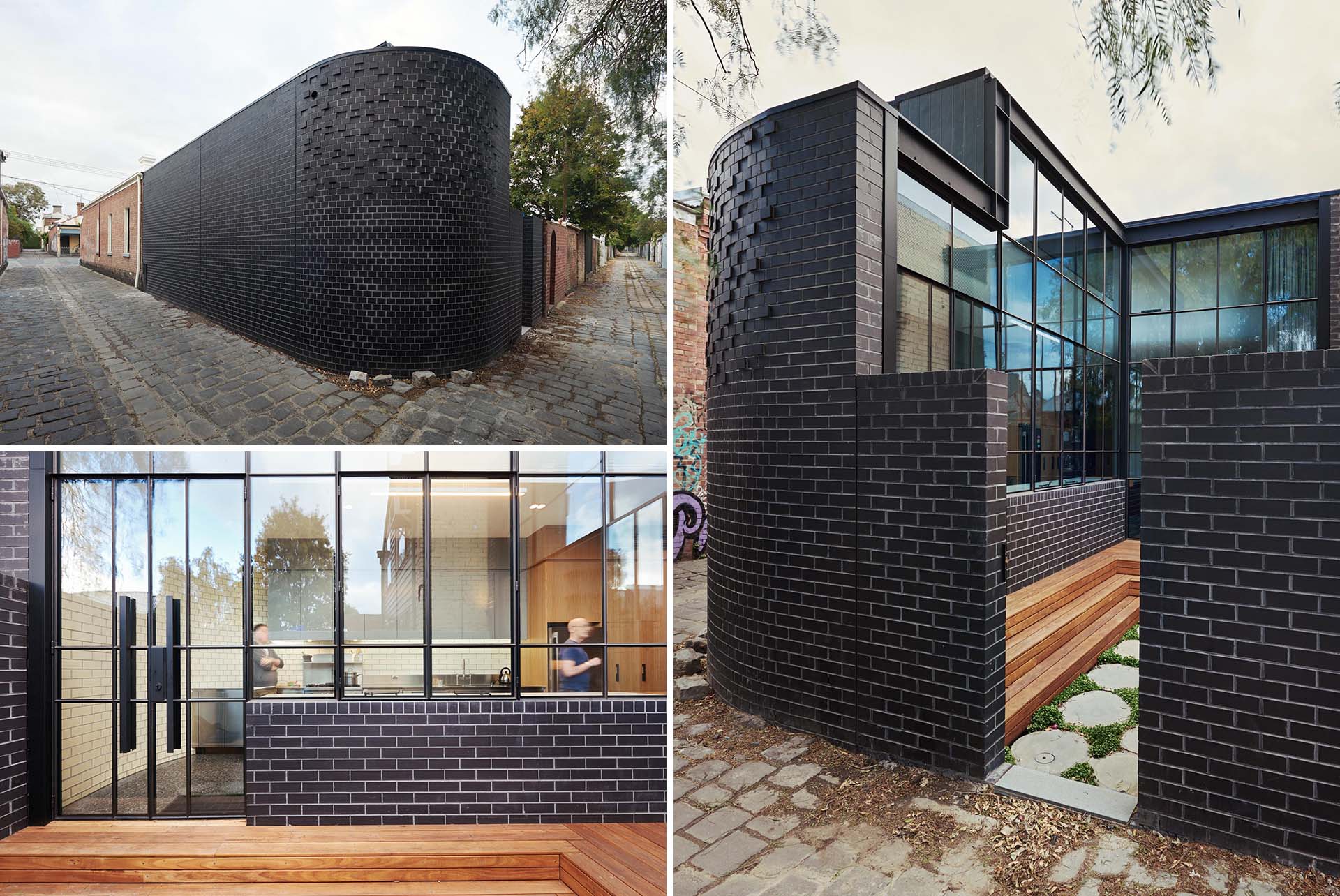 A modern home addition is identified by the black brick wall.