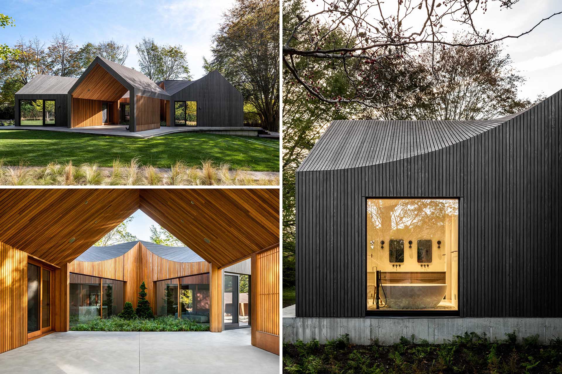 A modern house clad in charred, stained, and sealed accoya wood siding.