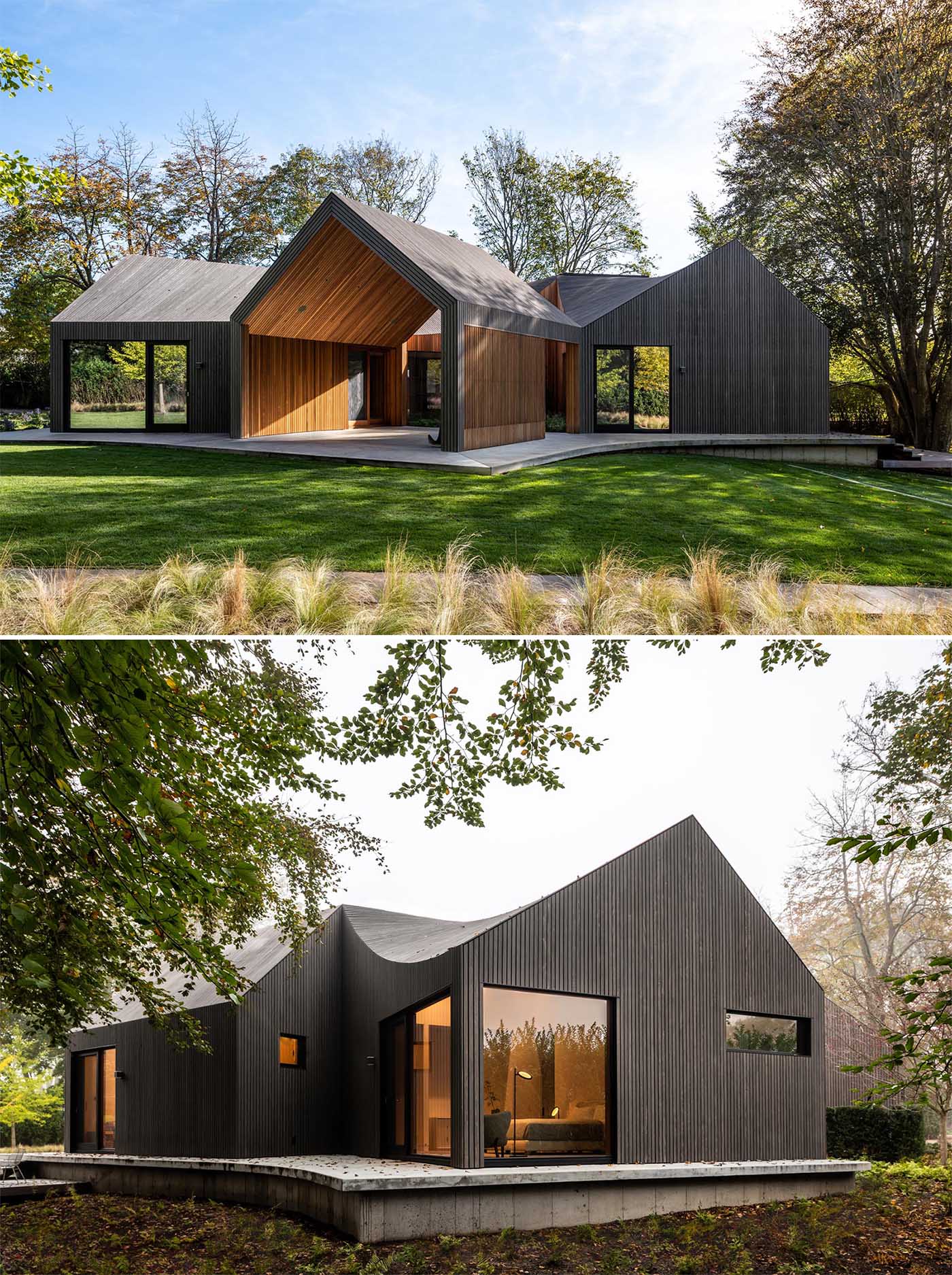 A modern house clad in charred, stained, and sealed accoya wood siding.