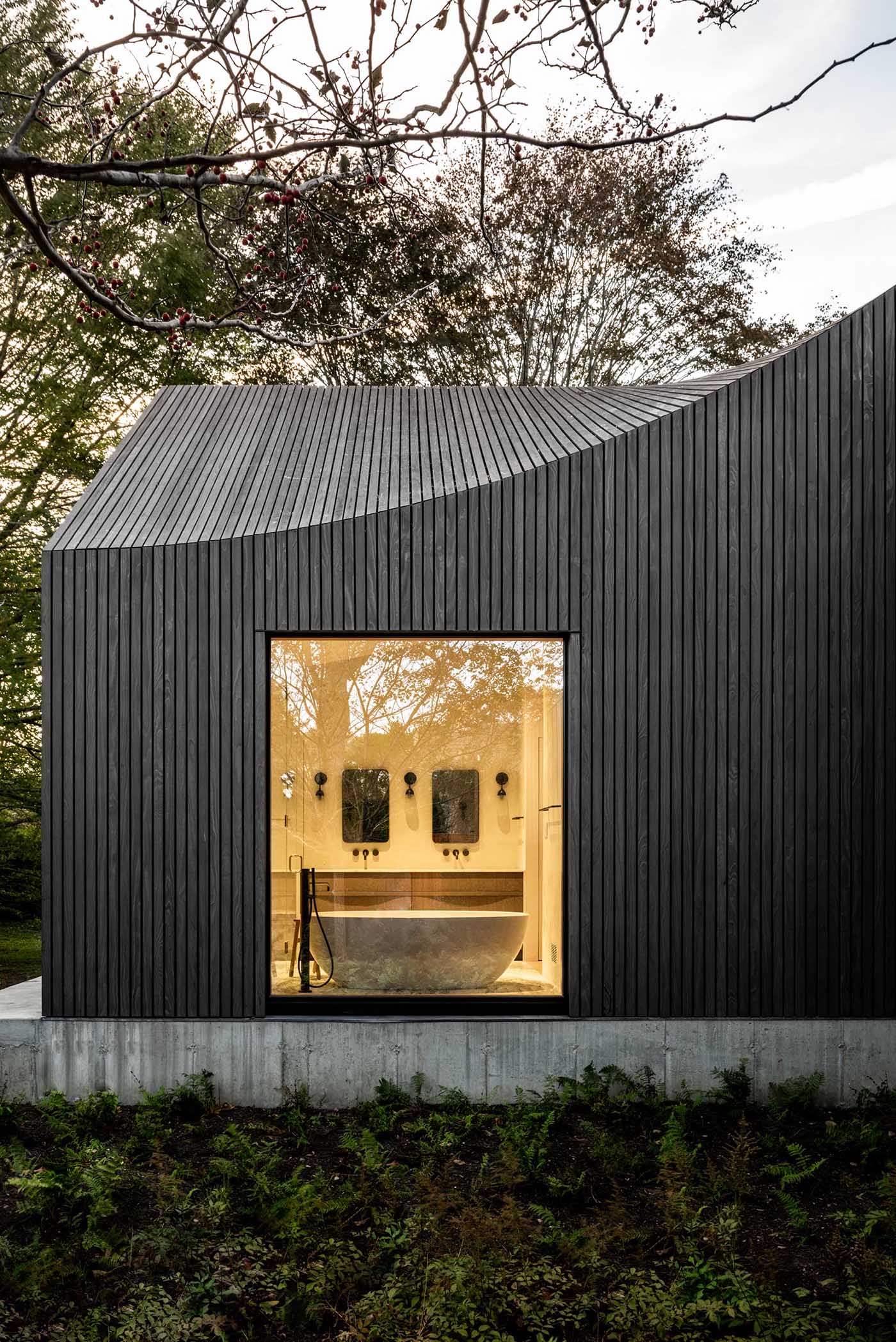 A modern house clad in charred, stained, and sealed accoya wood siding.