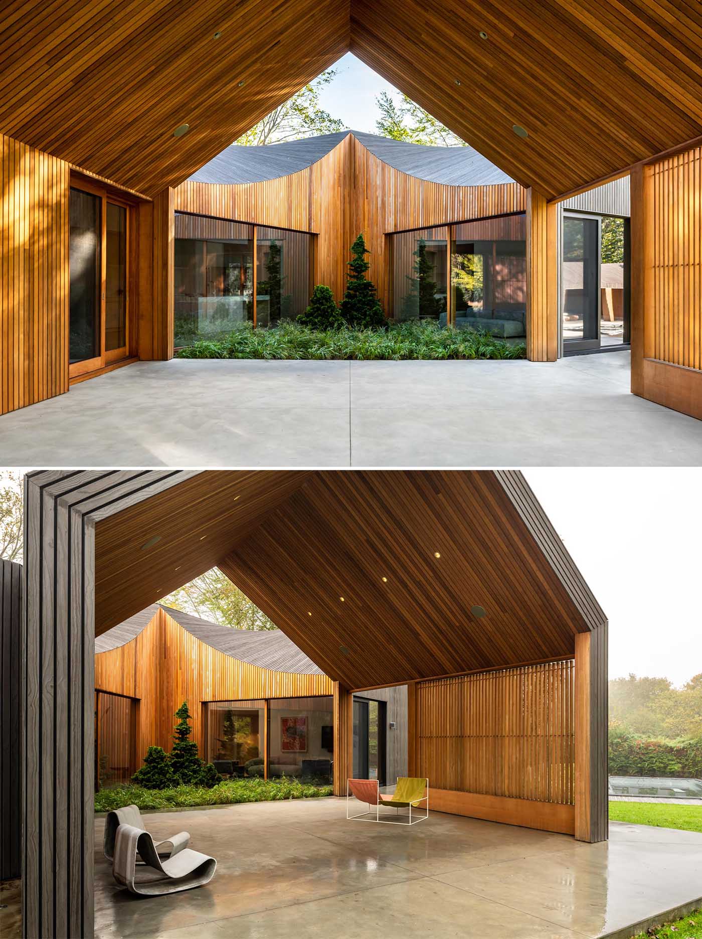 Ochre-hued cedar clads this home’s hybrid indoor/outdoor zones, such as the triangular courtyard and porch.