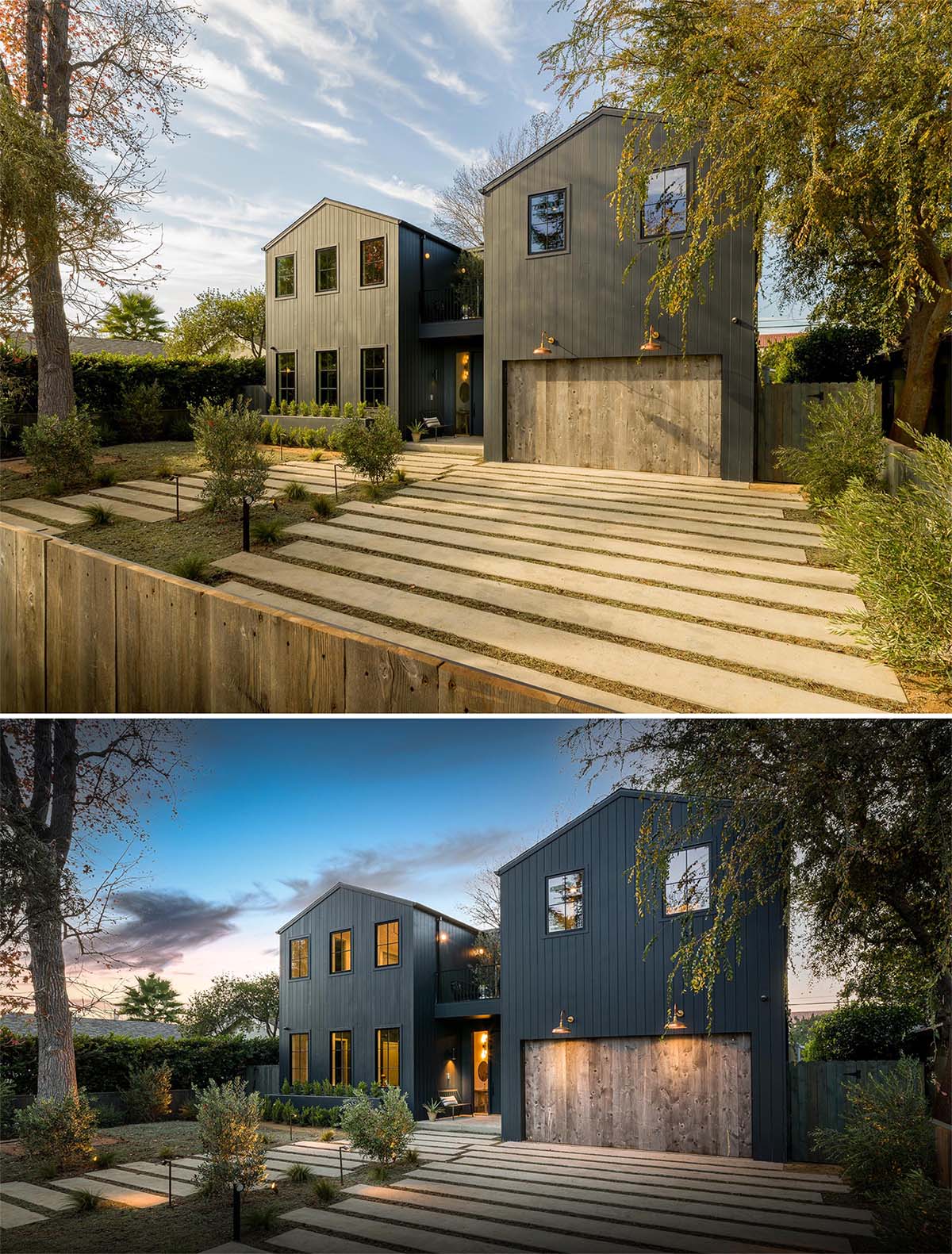 A modern farmhouse inspired home with a double A-frame design.