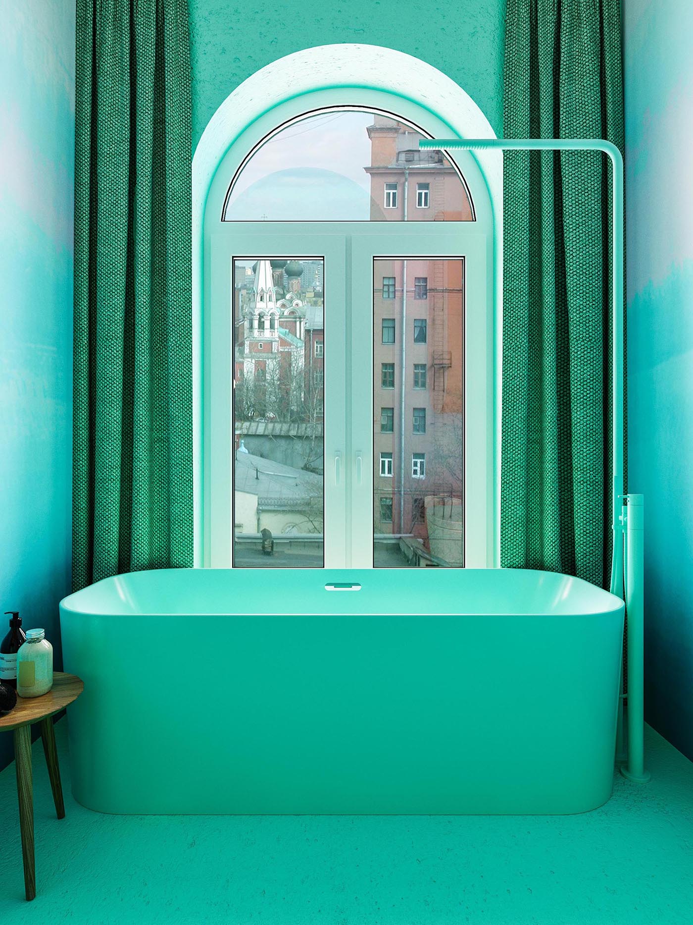 This monochromatic bathroom showcases a handmade wallpaper from Callico Wallpaper, that's designed for wet areas, while the marble and copper sink has a concrete base to match the mint-colored concrete floor.