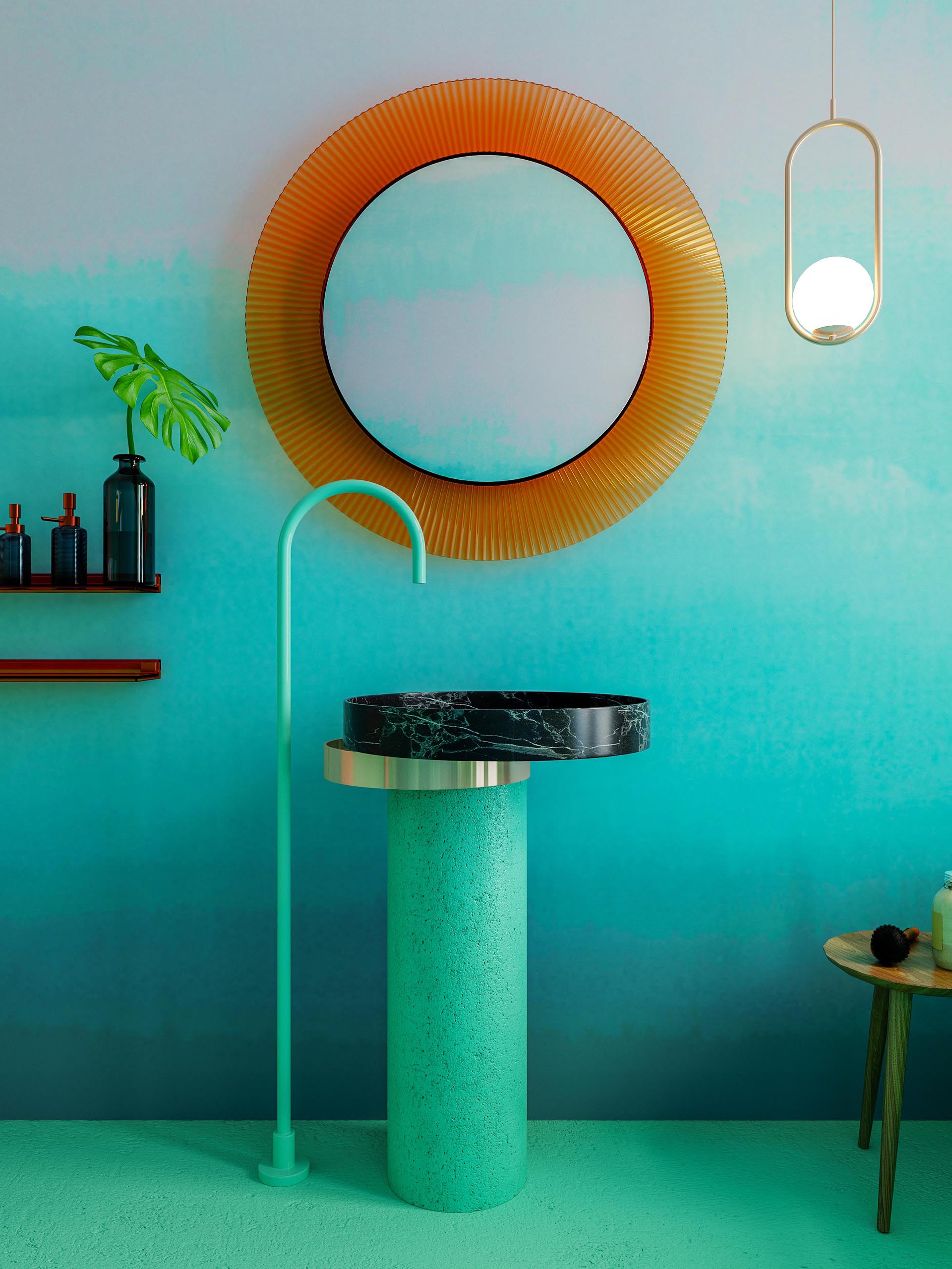 This modern bathroom showcases a marble and copper sink with a concrete base that matches the mint-colored concrete floor. On the wall, there's a mirror with an amber frame from Kartell by Laufen, and hanging from the ceiling is a pendant light from Michael Anastassiades.