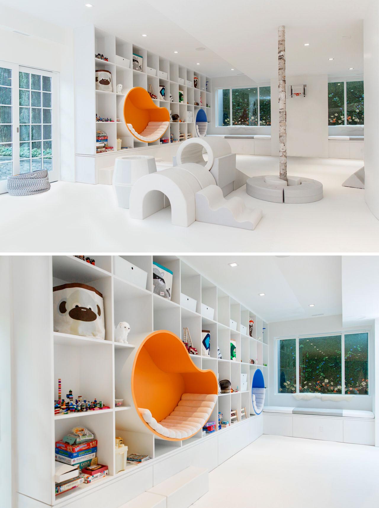 A wall of storage with square shelves provides plenty of storage for the space, while bright and colorful seating nooks are lined with padded cushions.