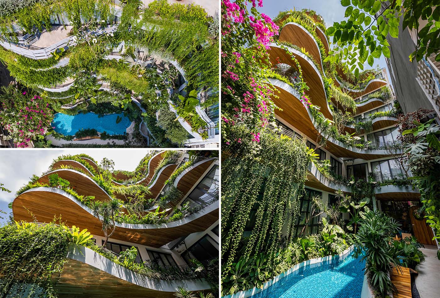 A modern building with curved balconies and overhanging plants.