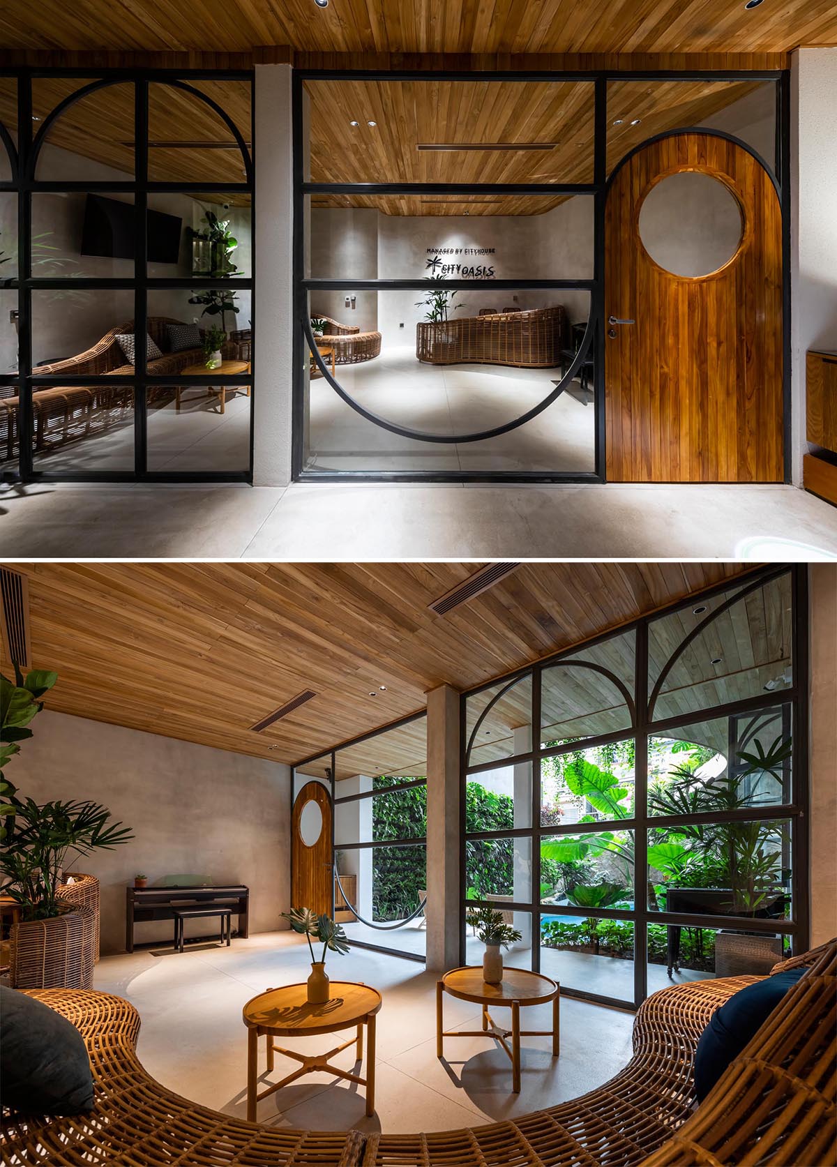 The interior of this building features materials like woods, local split stones, concrete, terrazzo, and rattan.