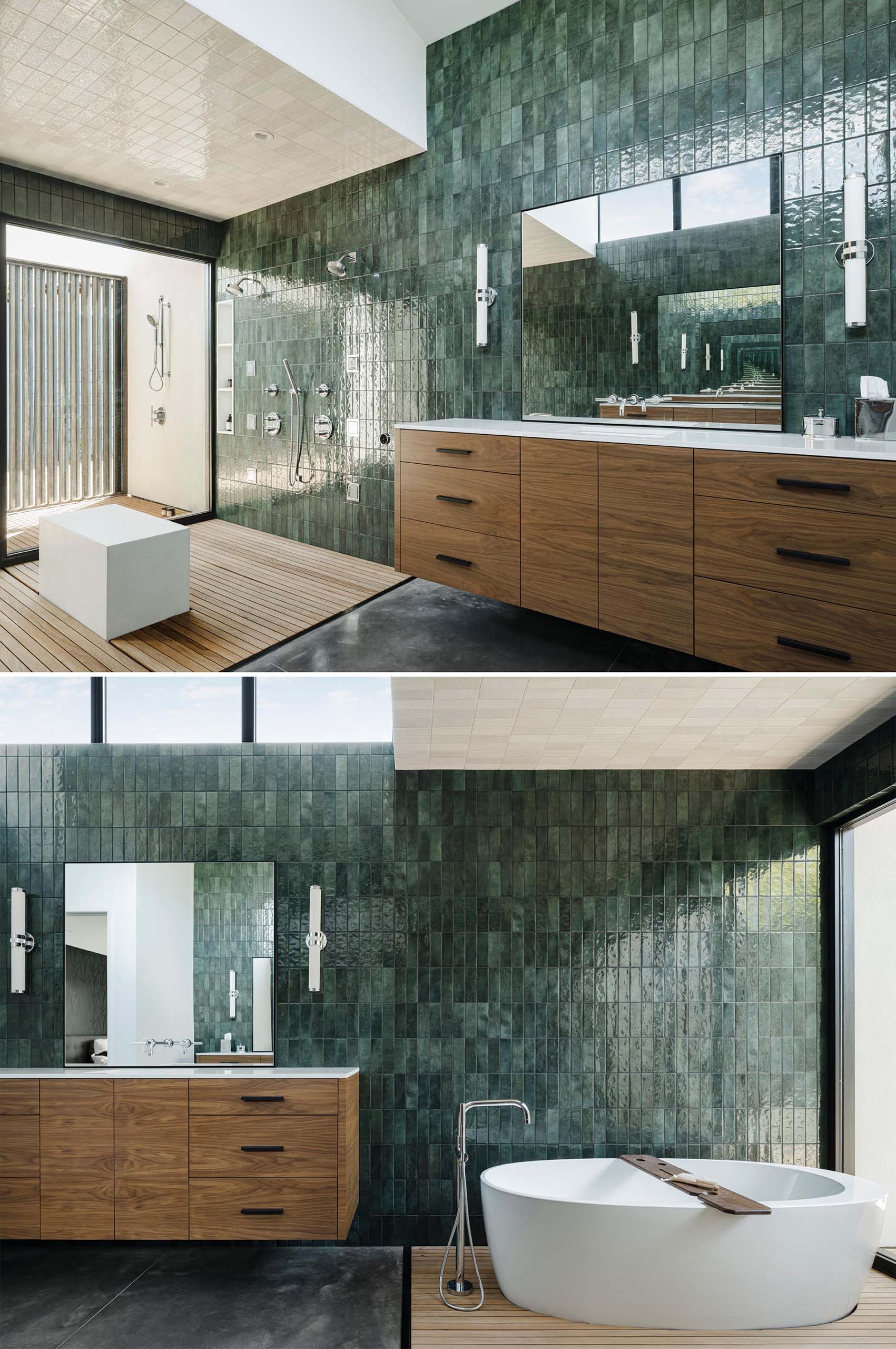 A modern bathroom with a naturally lit shower and bathing area that opens out to an outdoor shower, screened from the nearby neighbor with a custom steel slatted wall. Glazed green wall tiles have been used to create a unique look for the bathroom.