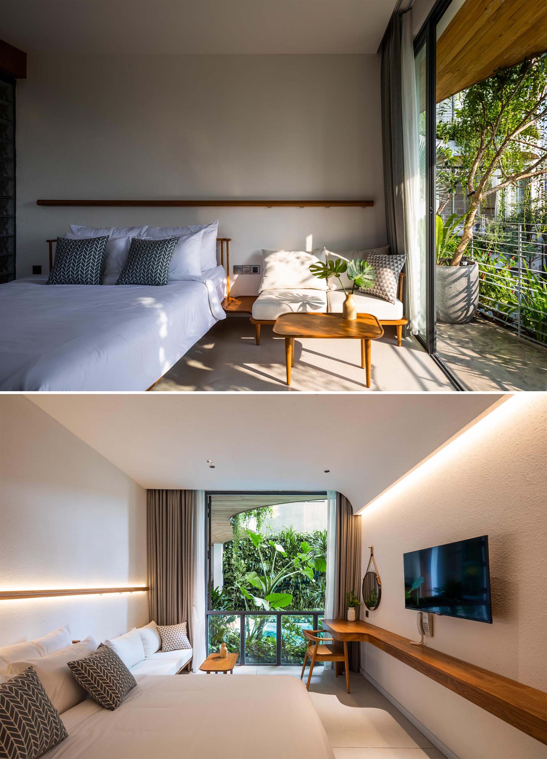 In this bedroom, a horizontal wood accent above the bed hides LED Lighting, which also complements the lighting on the opposite wall. 