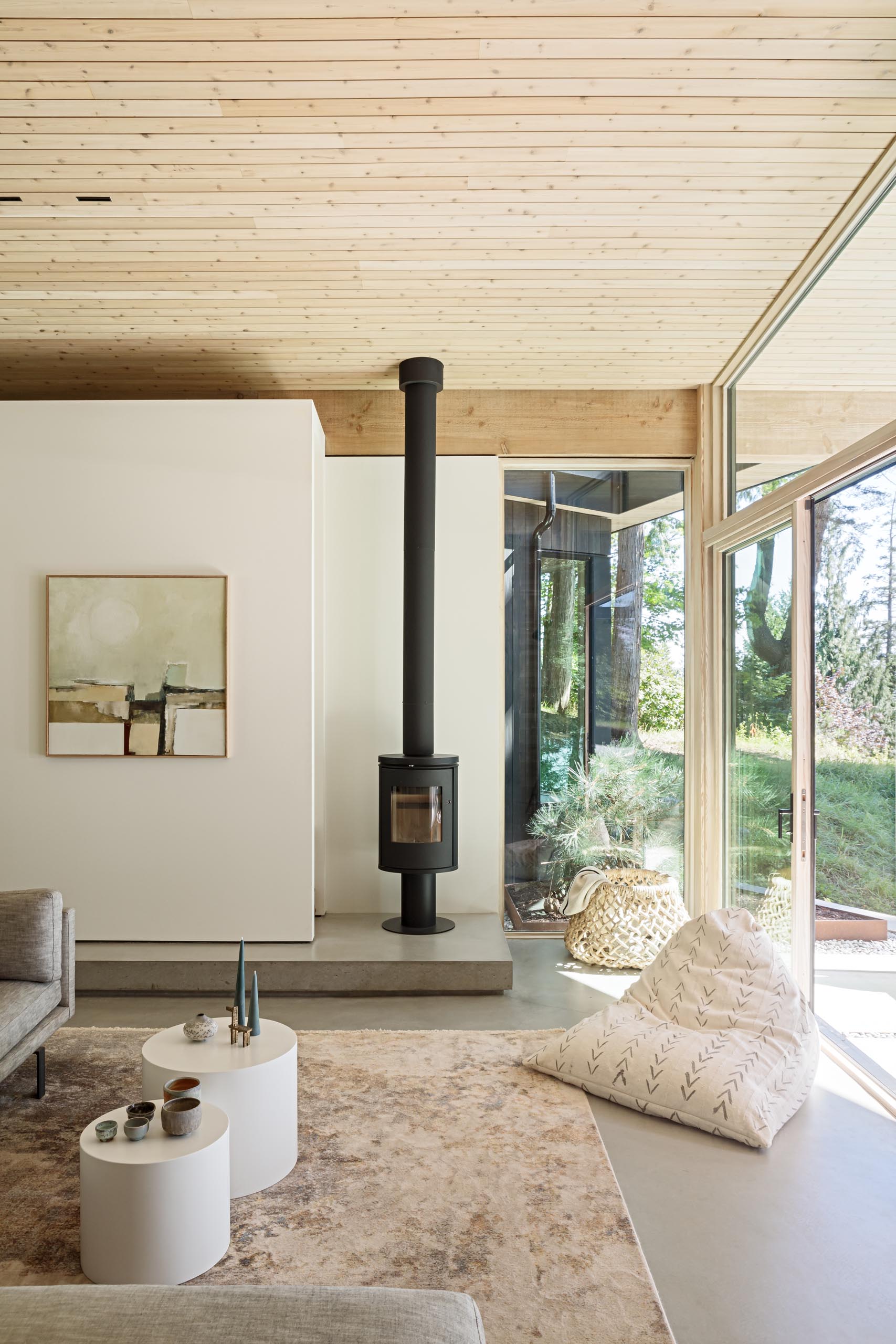 This modern living room has a simple gray sofa, while a black fireplace keeps the room warm at night.