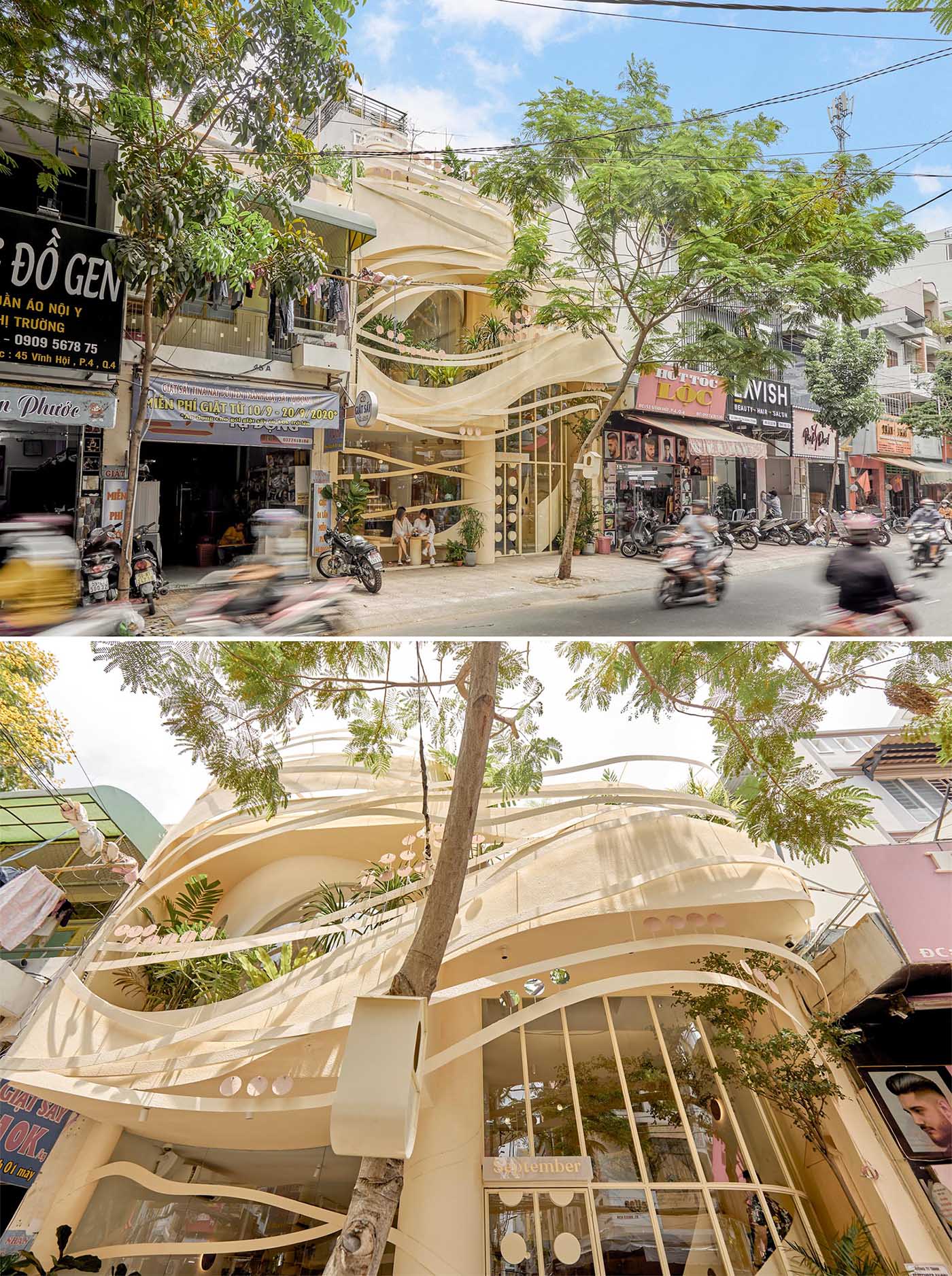 This modern coffee shop has a facade that's covered with ribbon-like steel elements that look like the woven twigs of a bird's nest.