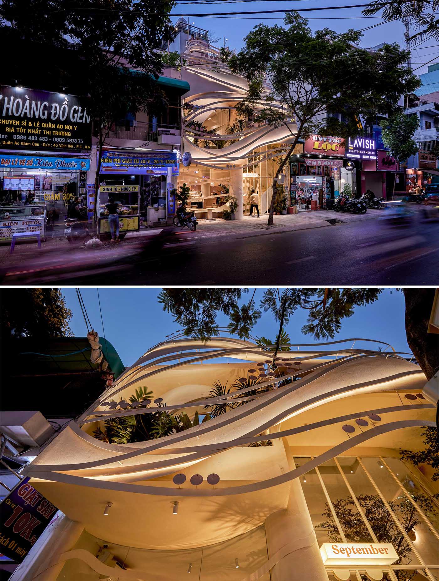 This modern coffee shop has a facade that's covered with ribbon-like steel elements that look like the woven twigs of a bird's nest.