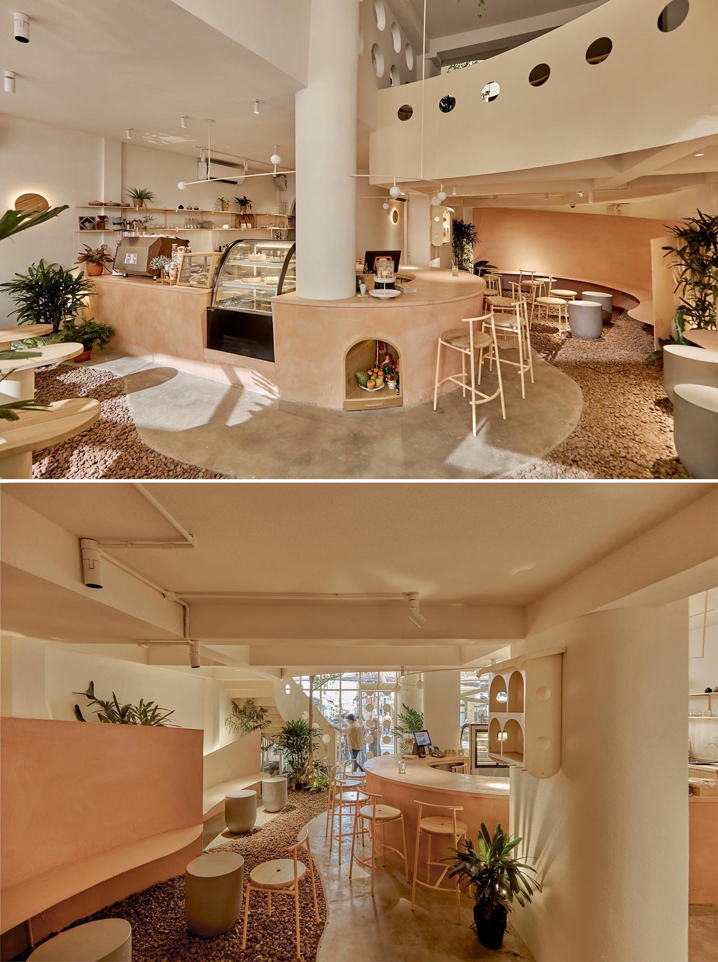 The interior of this modern coffee shop uses gentle neutral tones such as white, beige, rose-orange, and natural wood colors. 