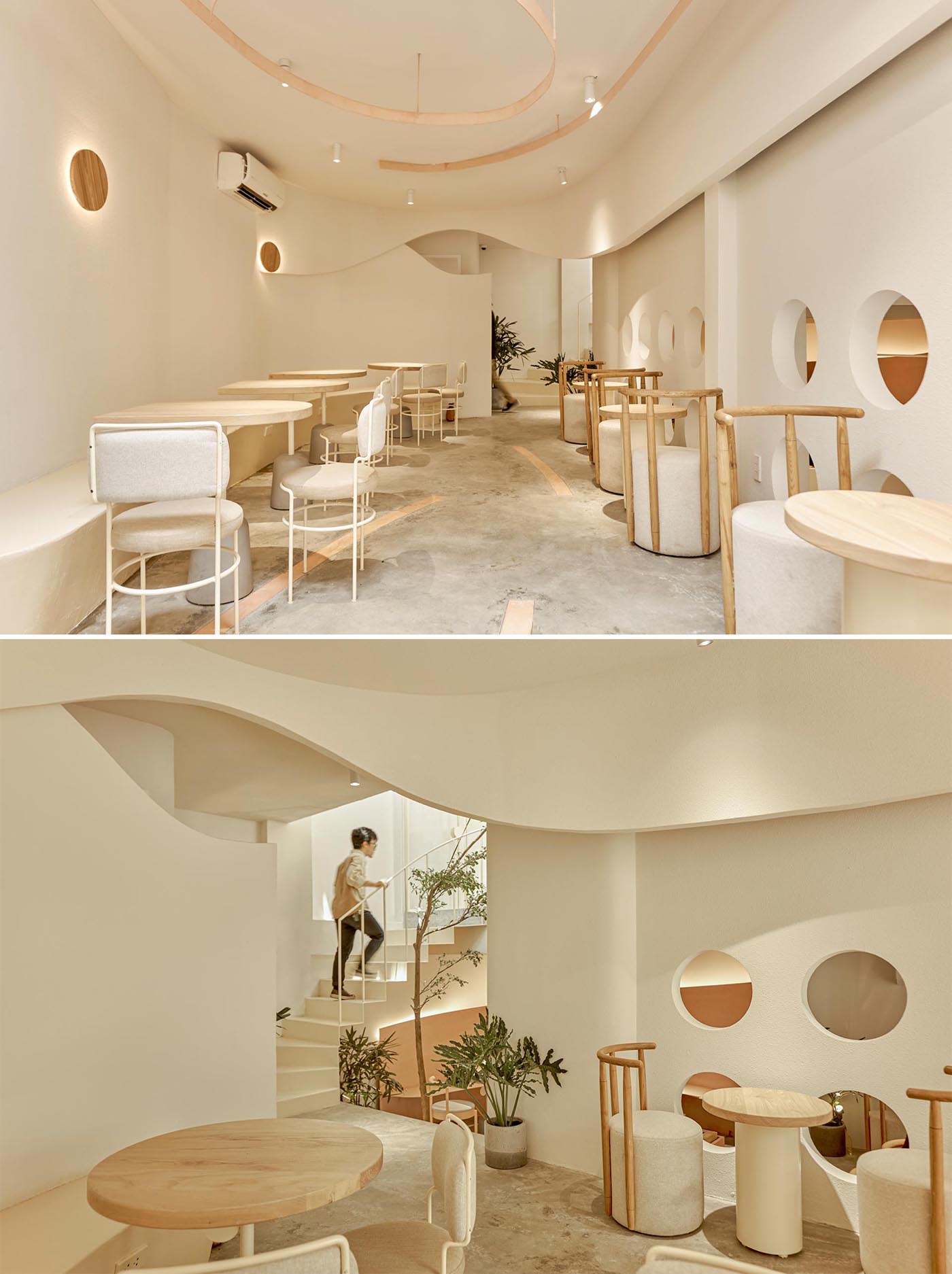 The interior of this modern coffee shop uses gentle neutral tones such as white, beige, rose-orange, and natural wood colors. 