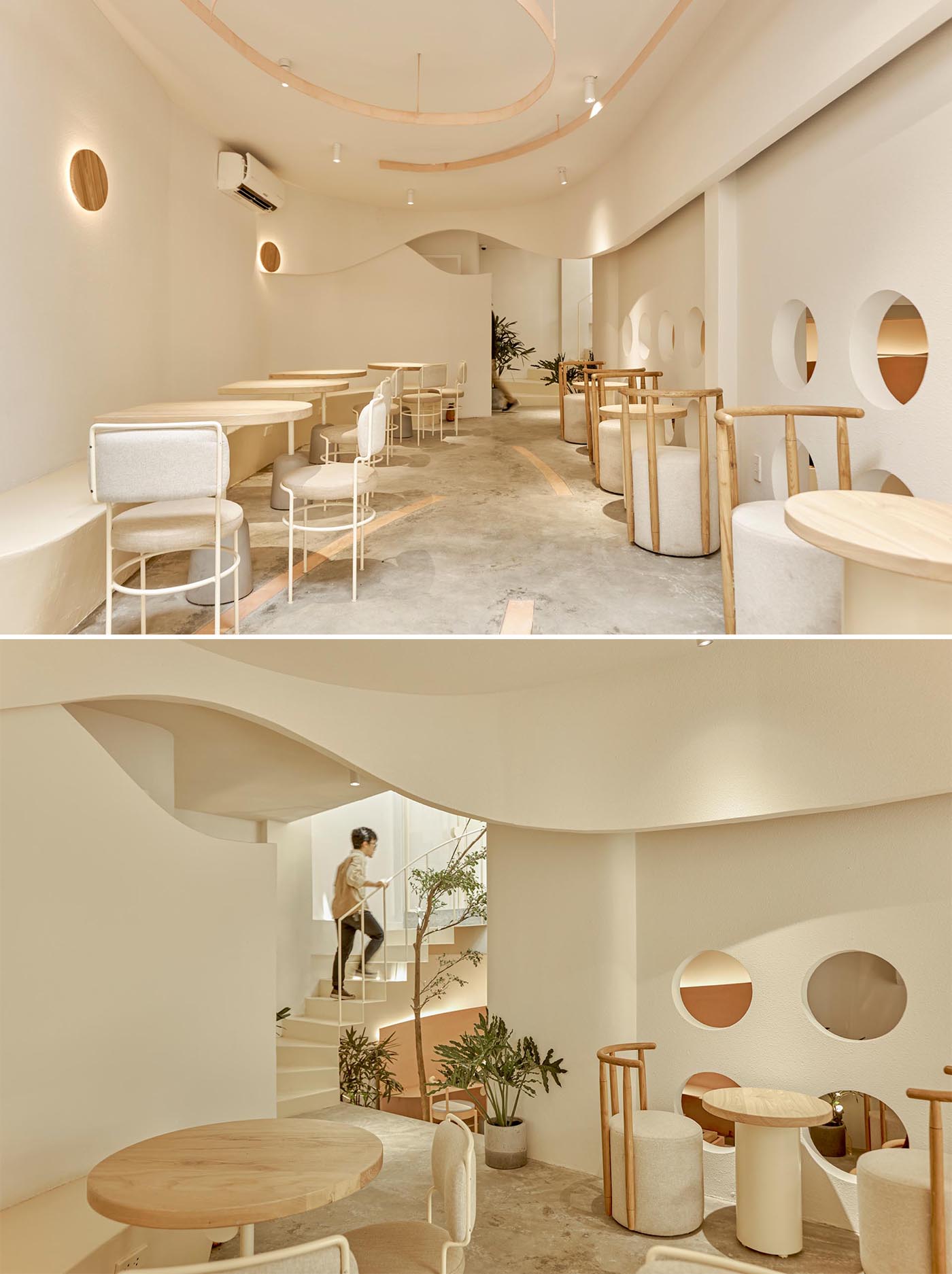 The interior of this modern coffee shop uses gentle neutral tones such as white, beige, rose-orange, and natural wood colors.
