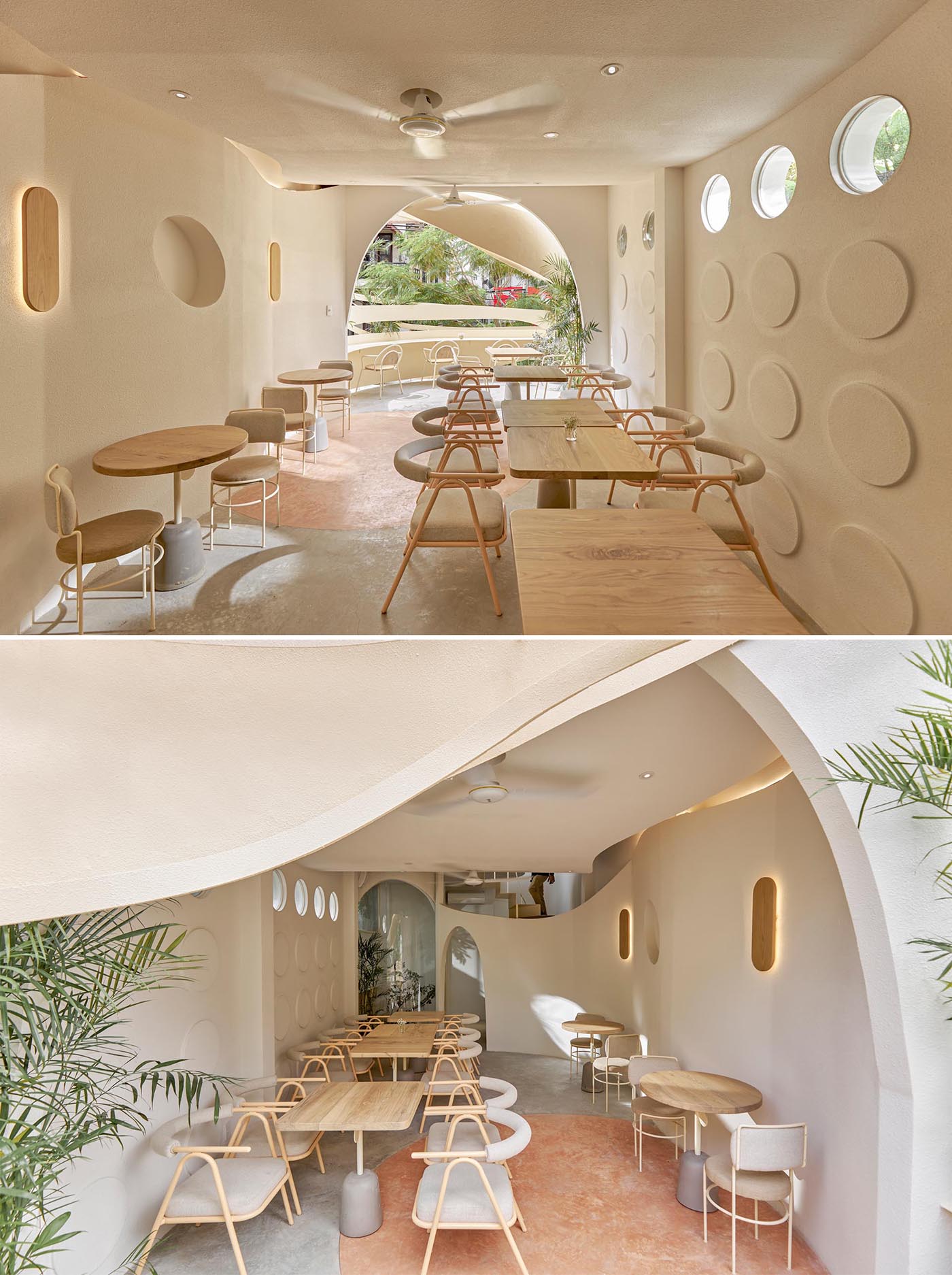A modern coffee shop has an accent wall with circular elements that complement the matching windows above.