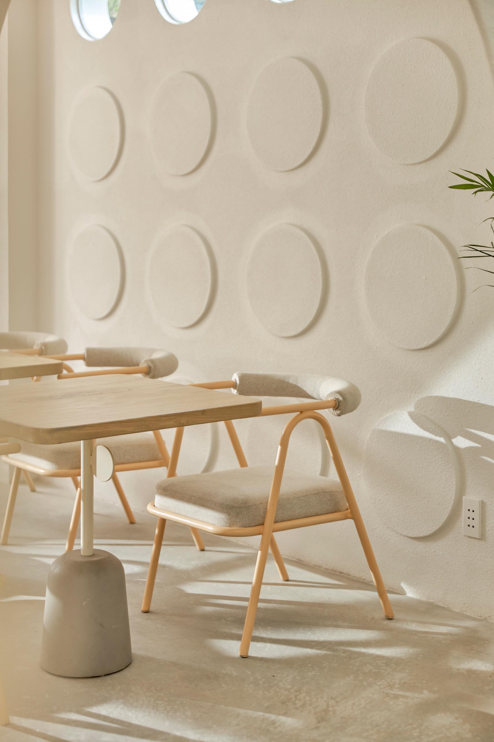 A modern coffee shop has an accent wall with circular elements that complement the matching windows above.