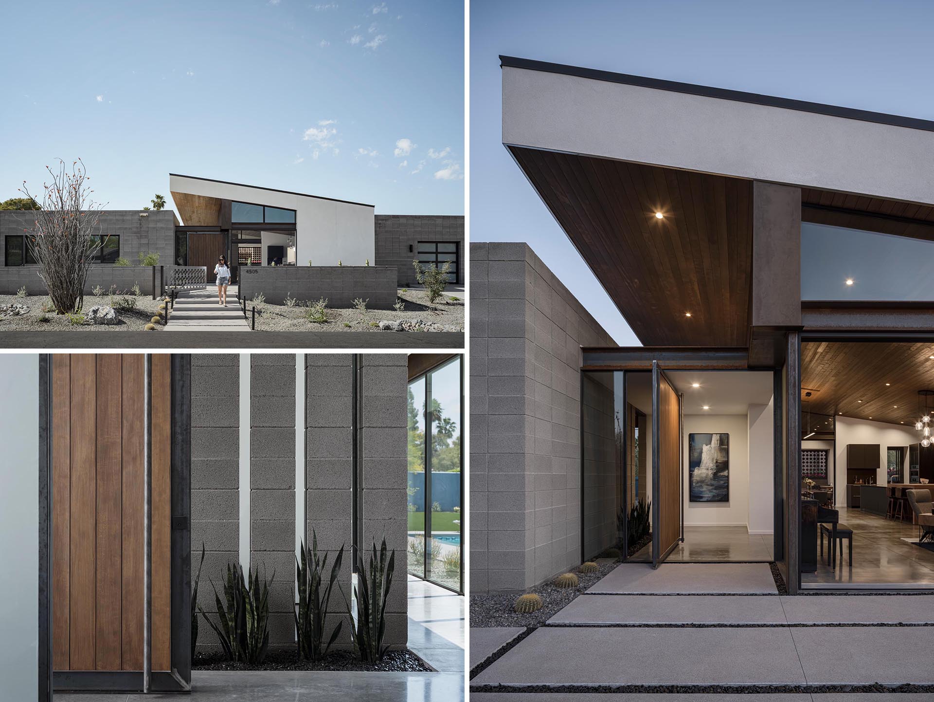 Concrete blocks are used for the walls of this modern house, as well as the low fence that surrounds a front porch.