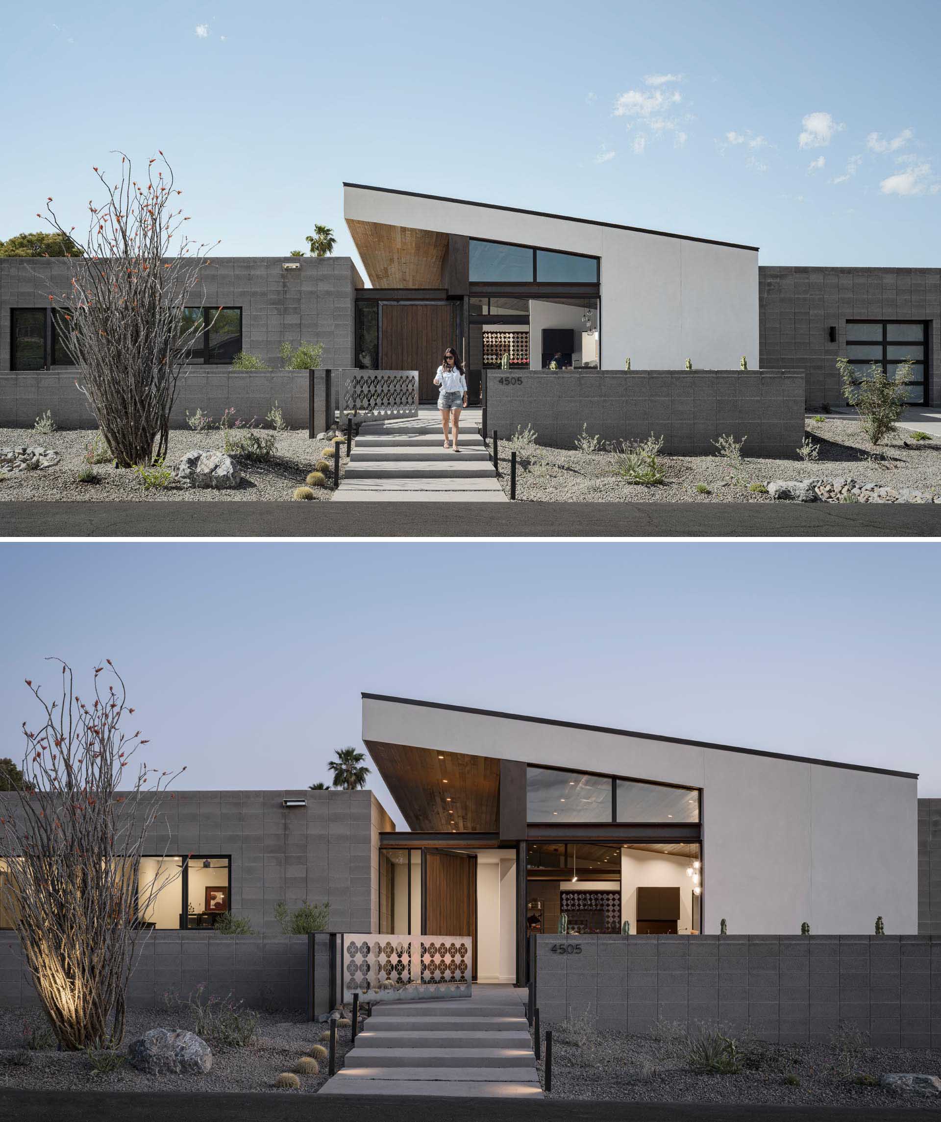 Concrete blocks are used for the walls of this modern house, as well as the low fence that surrounds a front porch.