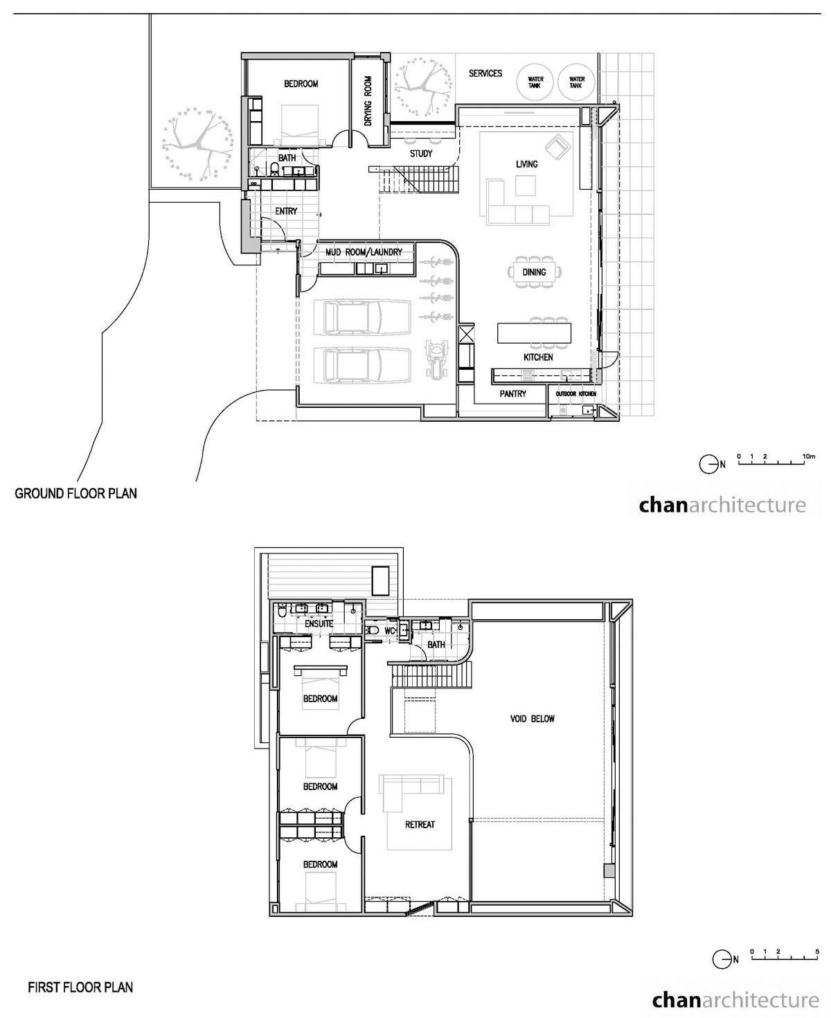 The floor plan of a modern home that has two levels.