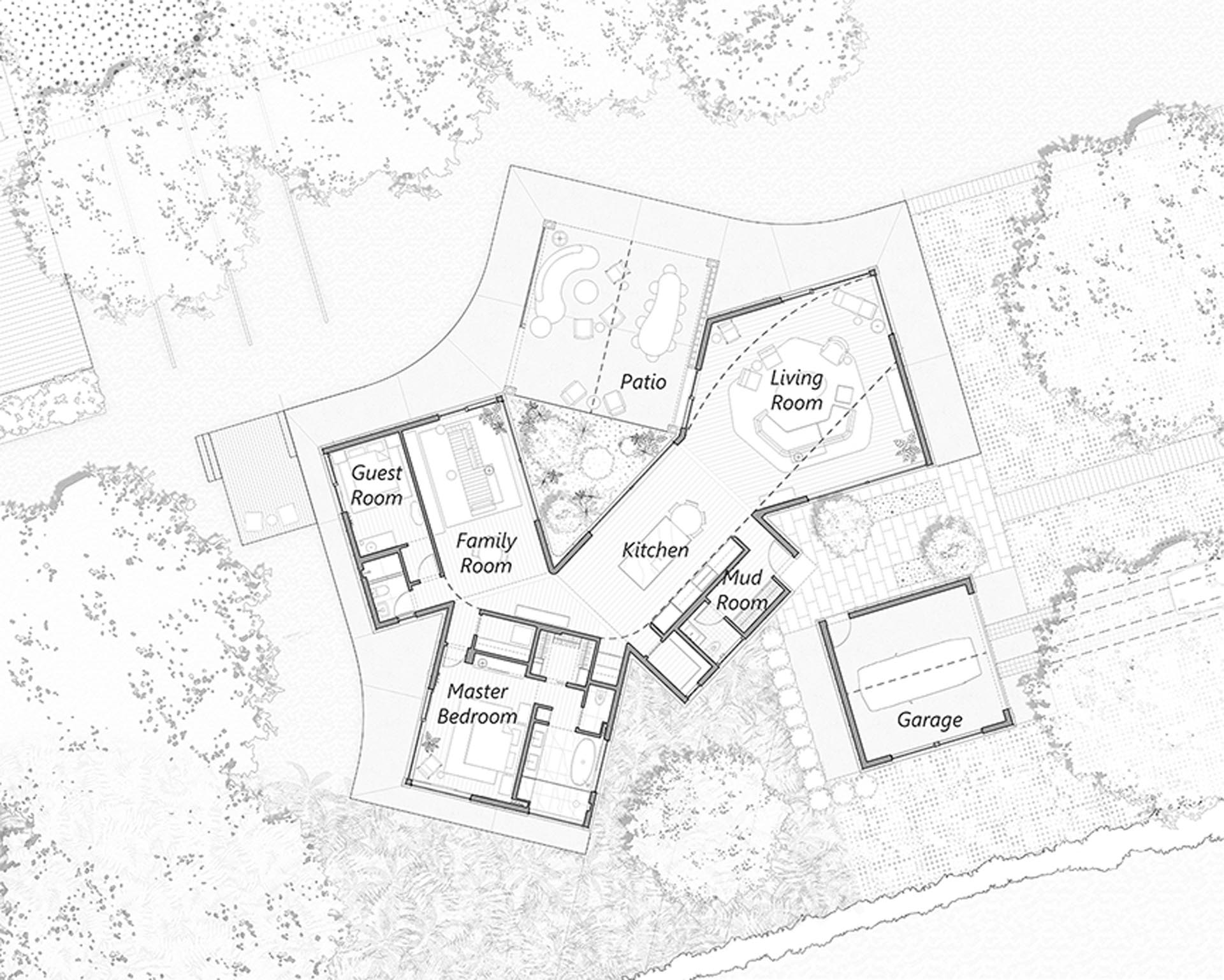 The floor plan of a modern house with six modules.