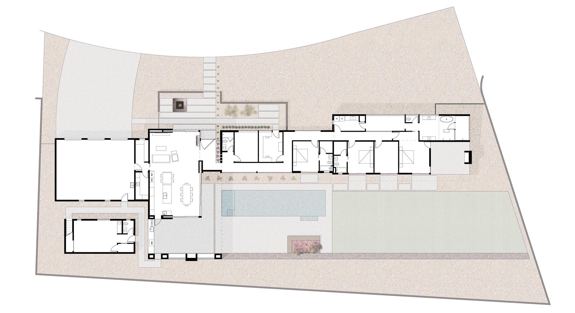 The floor plan of a modern house that has a great room, a large covered outdoor patio, and a swimming pool.