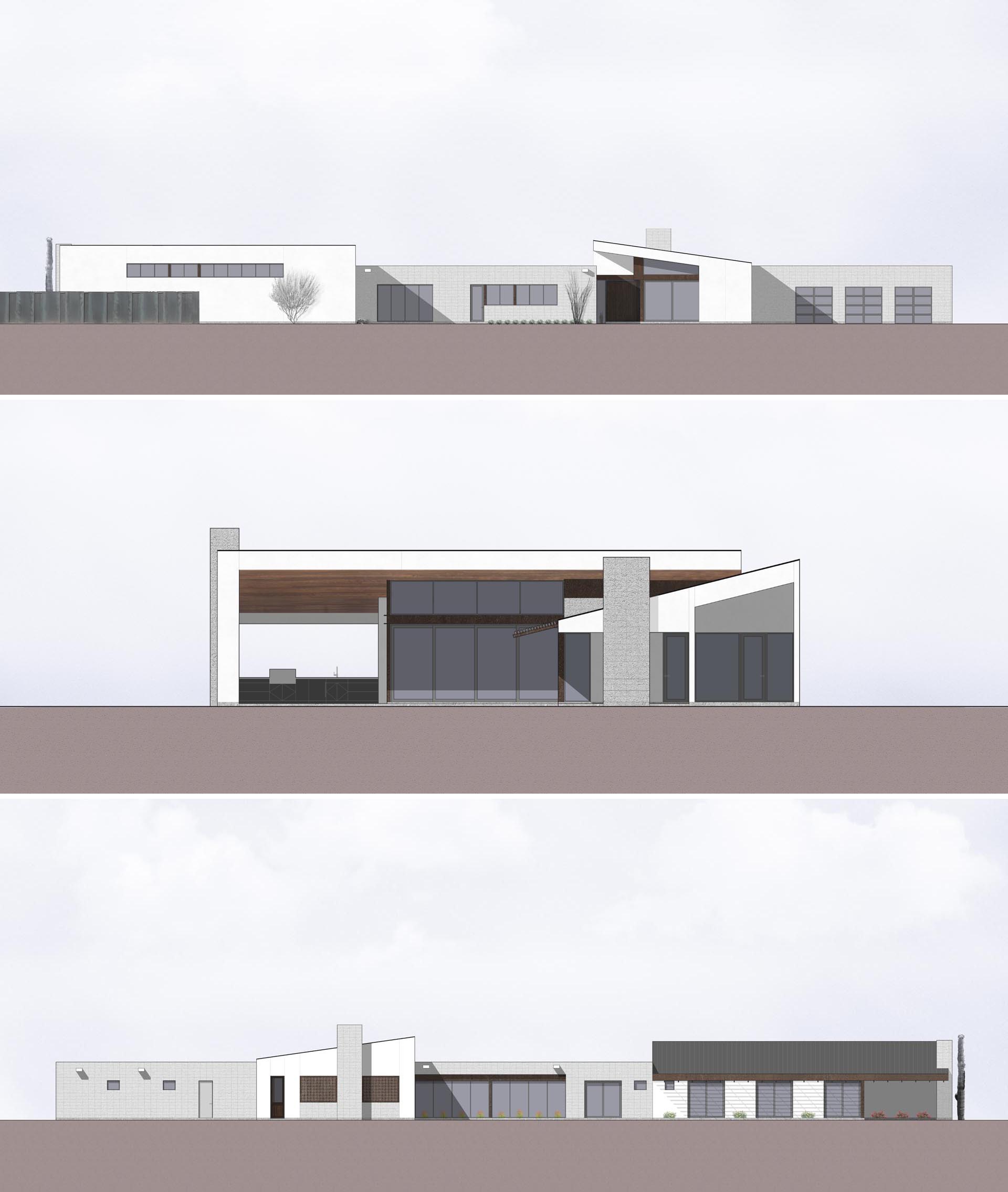 The elevations of a modern house that uses concrete blocks in its construction.