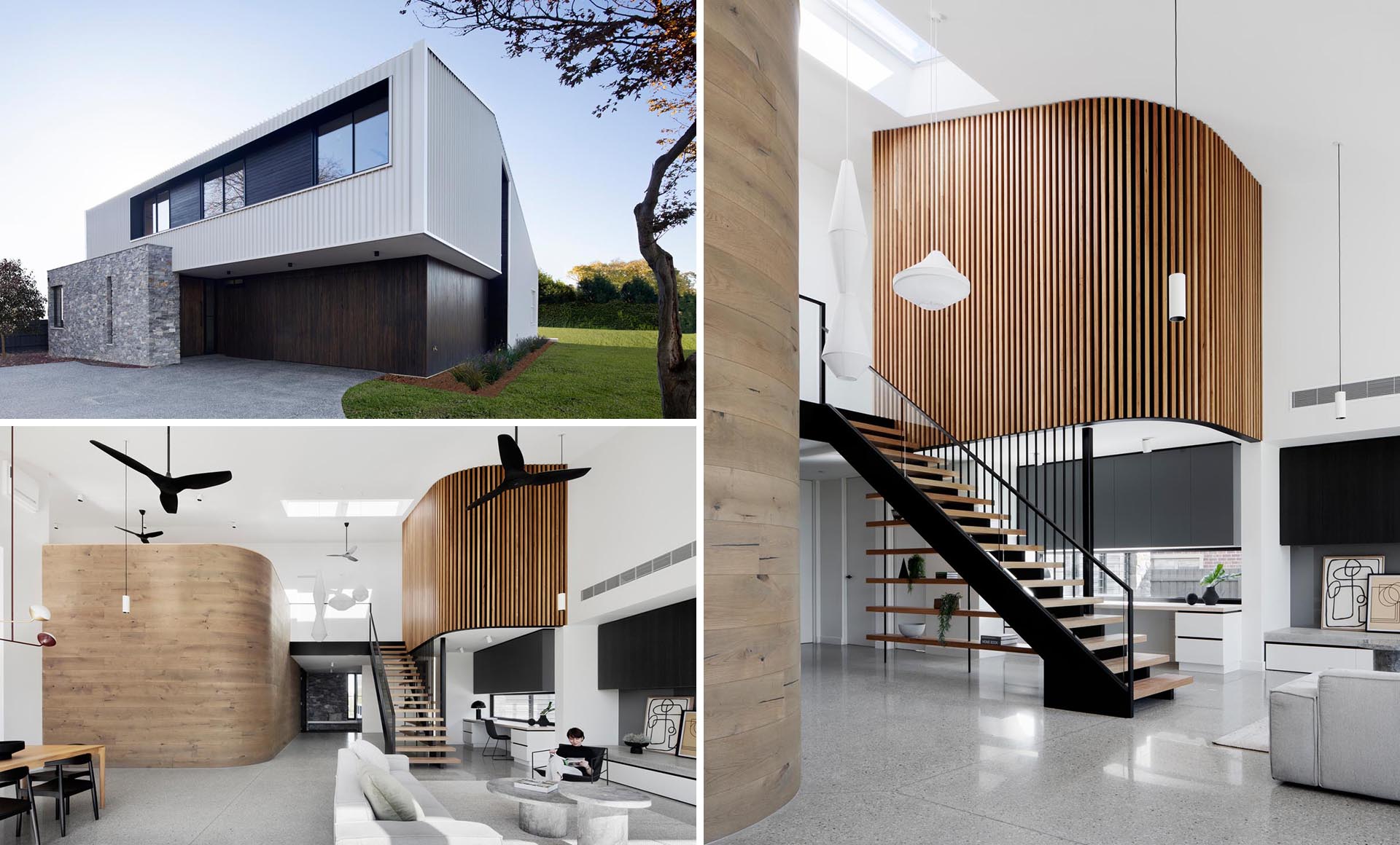 A modern home with two different curved wood accent walls.