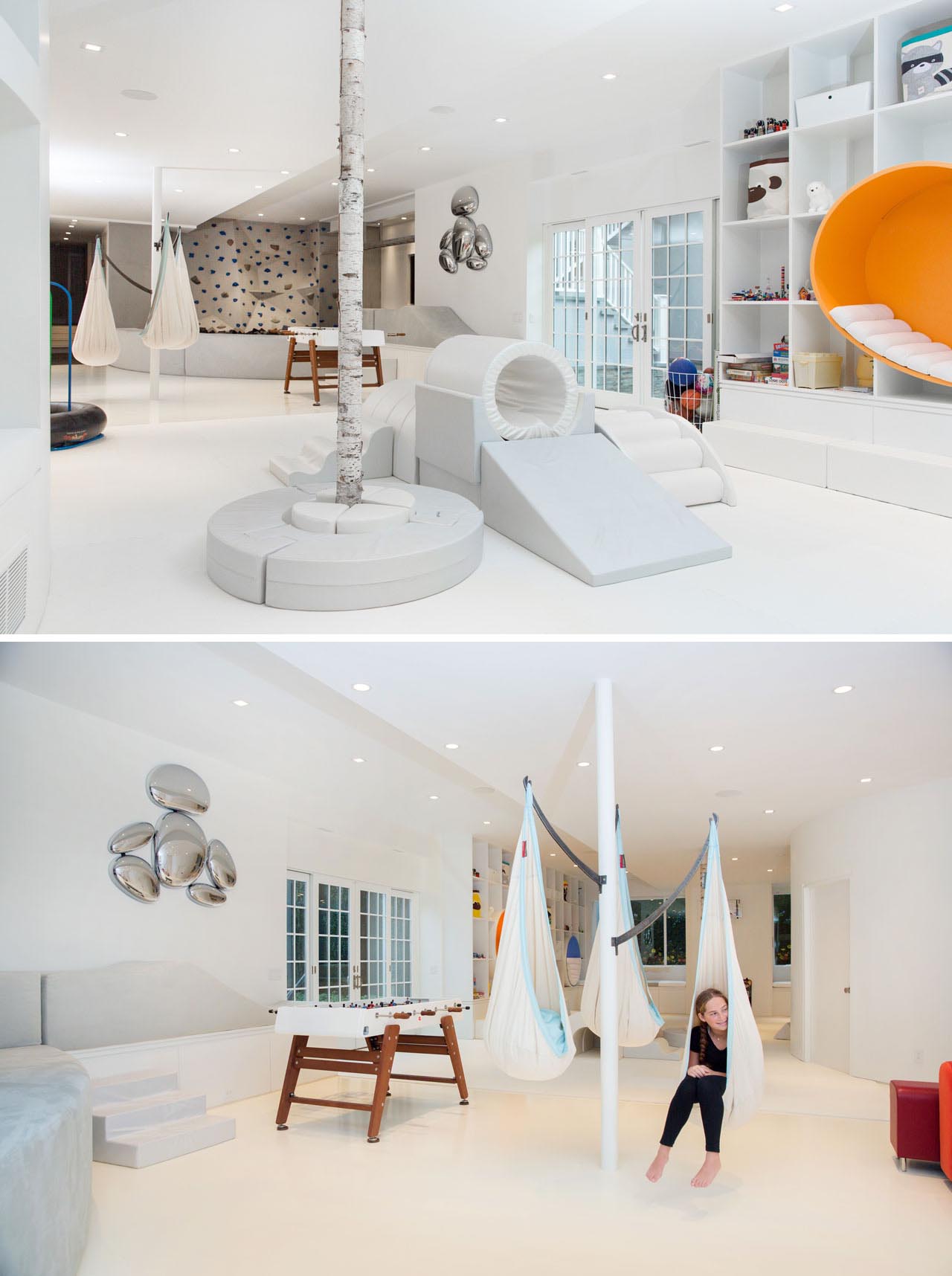 The central area of this modern playroom includes upholstered play equipment with a variety of shapes, allowing the children to build and play freely. A children's hammock tree has been created on a column, and uses steel hammock braces.