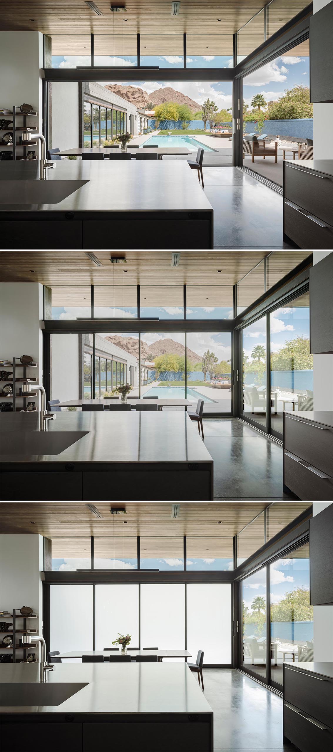 The sliding glass doors of this modern home are equipped with Gauzy, a light control glass nanotechnology that allows the glass to change from transparent to opaque for privacy and energy control.