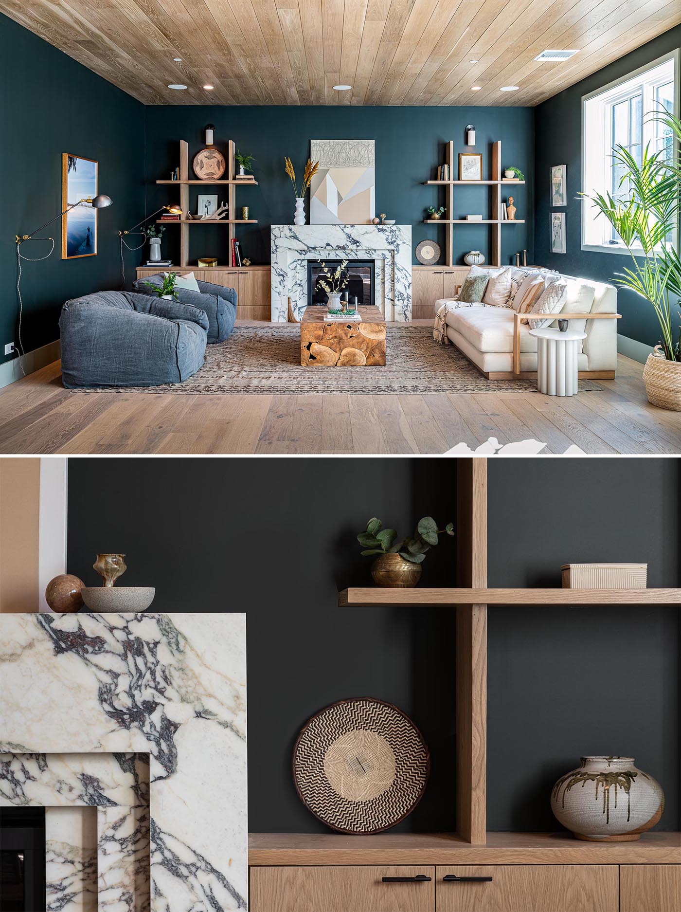 This living room has dark walls, wood shelving and cabinetry, and a Rose Corchia calacatta marble fireplace.