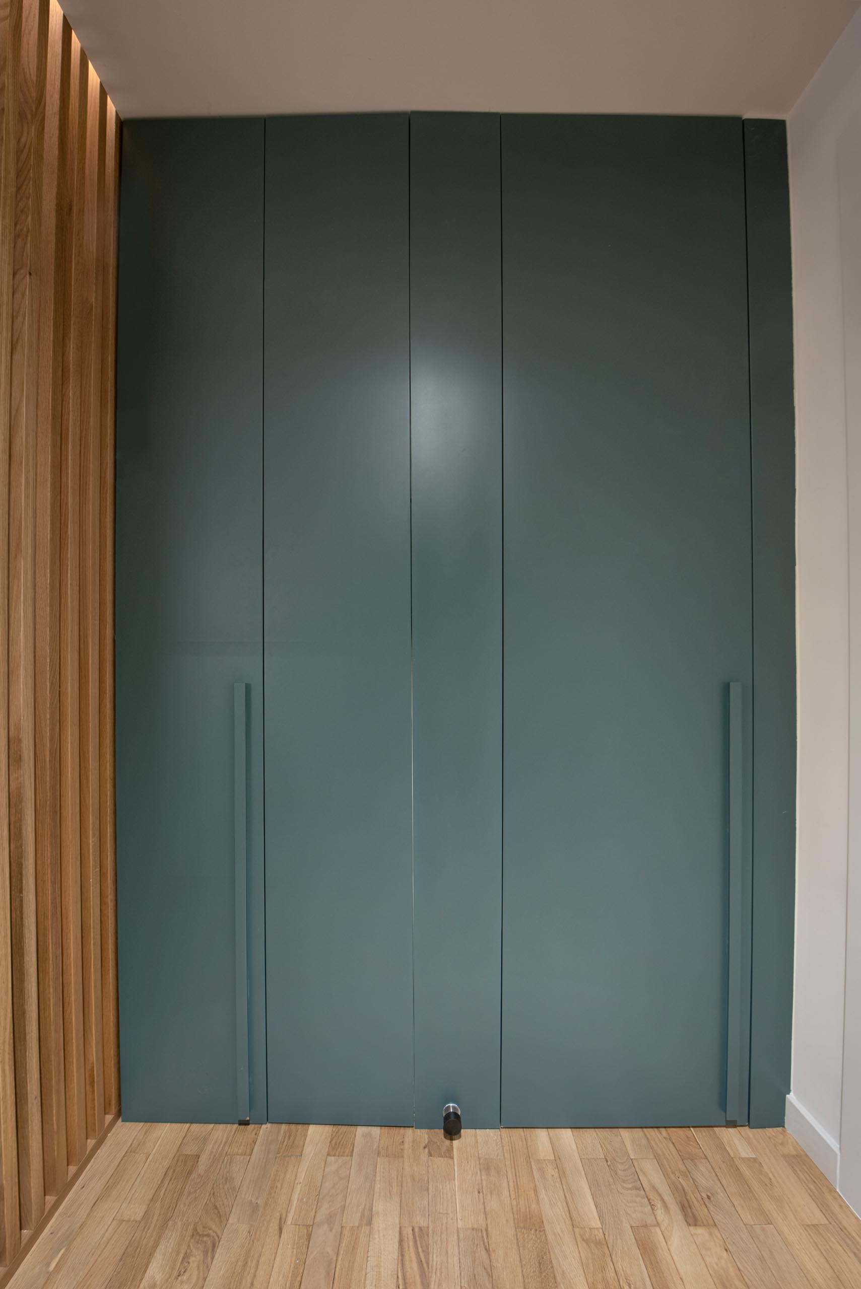 This modern home includes a three-door wardrobe in a eucalyptus green finish, that hides a minimal, functional and attractive powder room