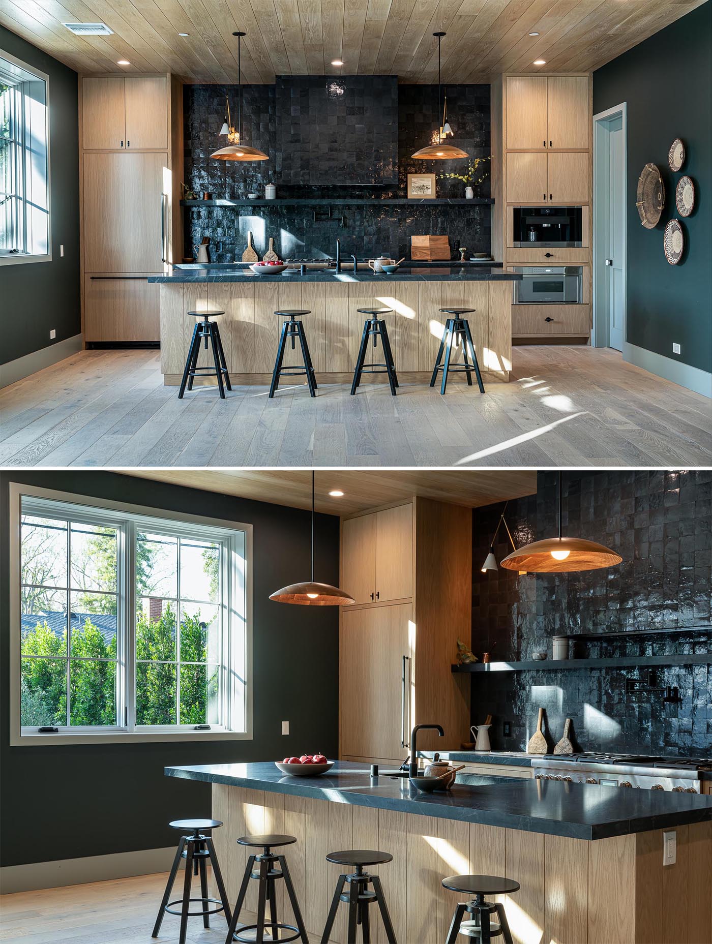 This modern kitchen showcases a Zellige black tile accent wall, rift white oak cabinets, and dark honed soapstone countertops.