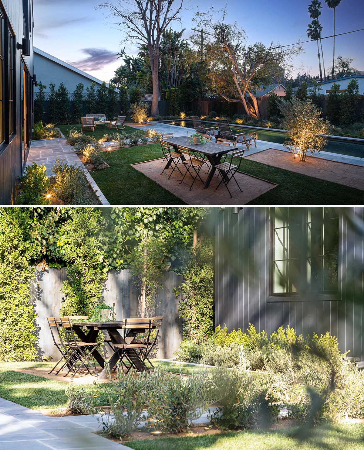 The outdoor space of this double A-frame house has been designed for entertaining, with an expansive patio for alfresco dining, and over 500 plants that add a lush texture and privacy to the yard.