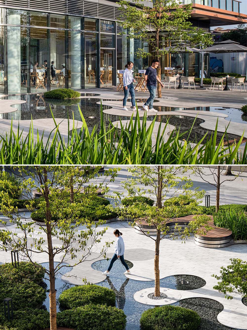 A landscaped park that includes curving water features that surround pathways.