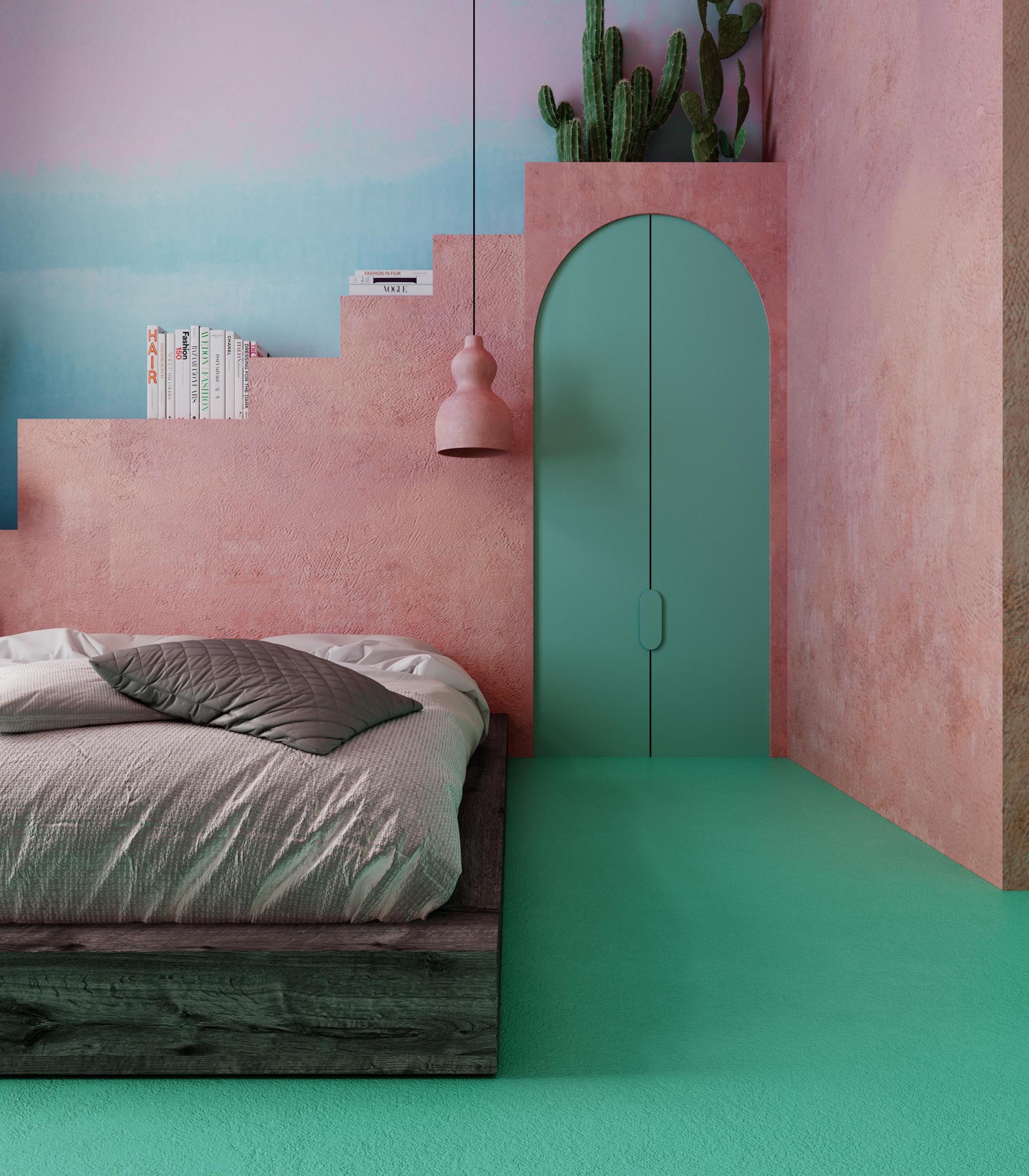 In this bedroom, the bed frame is made from old timber, the pendant lamp is made from pink clay, while a small closet is located behind the green doors. Behind the bed is a shelving unit that resembles steps, and was constructed using building blocks covered with plaster, imitating the plaster which can be found in Mexico.