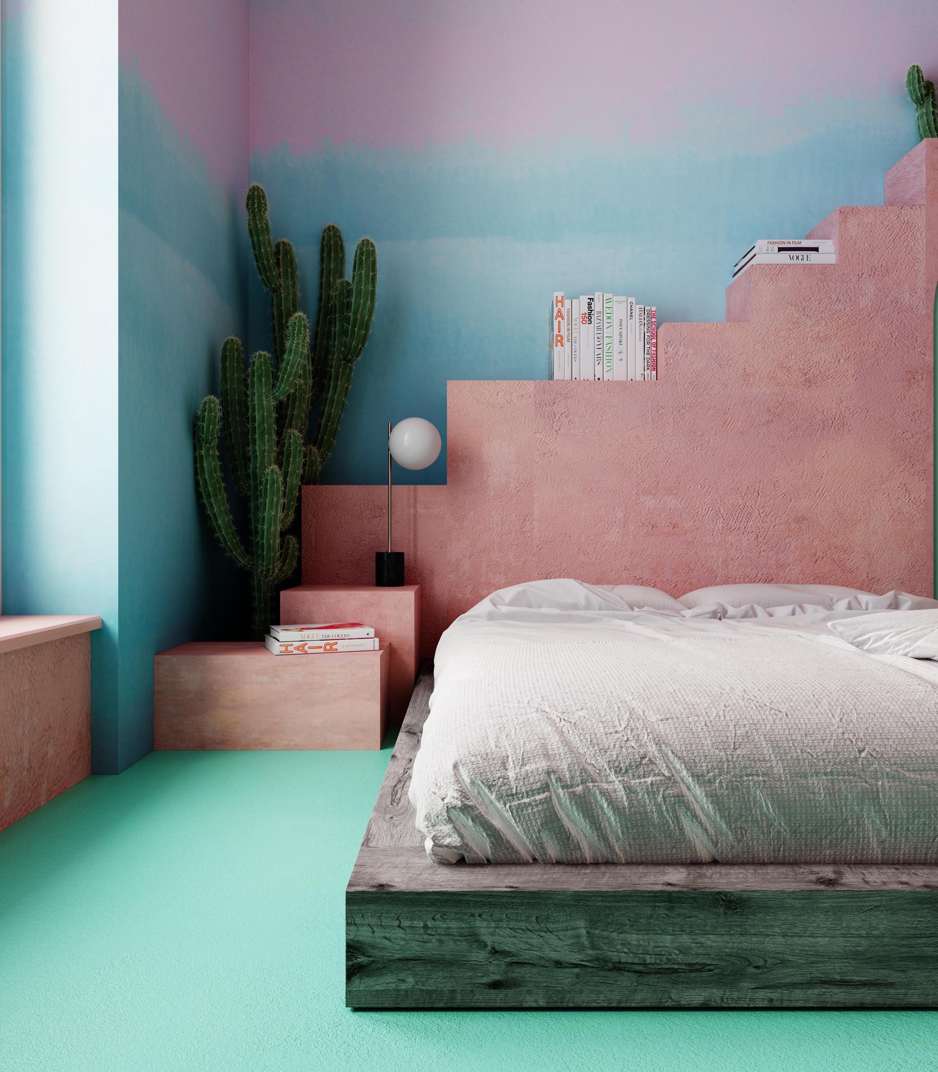 In this bedroom, the bed frame is made from old timber, while a shelving unit that resembles steps, was constructed using building blocks covered with plaster, imitating the plaster which can be found in Mexico.