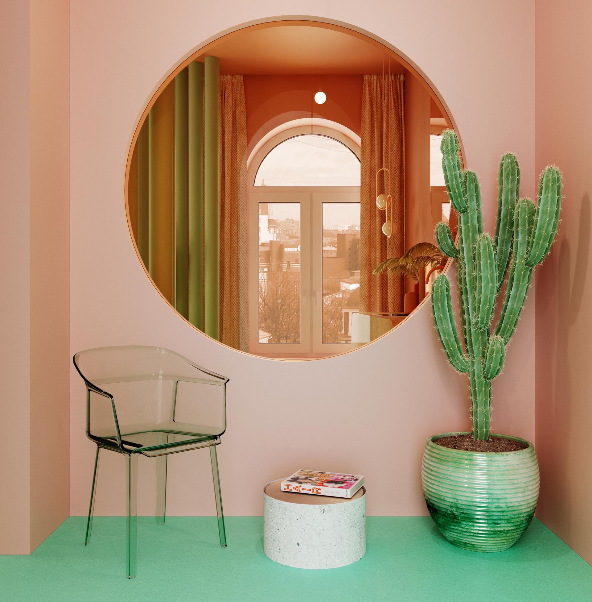 This modern entryway includes pink walls, a transparent armchair with a green tinge, a large round window with views of the kitchen through orange tinted plastic, and a potted cactus.