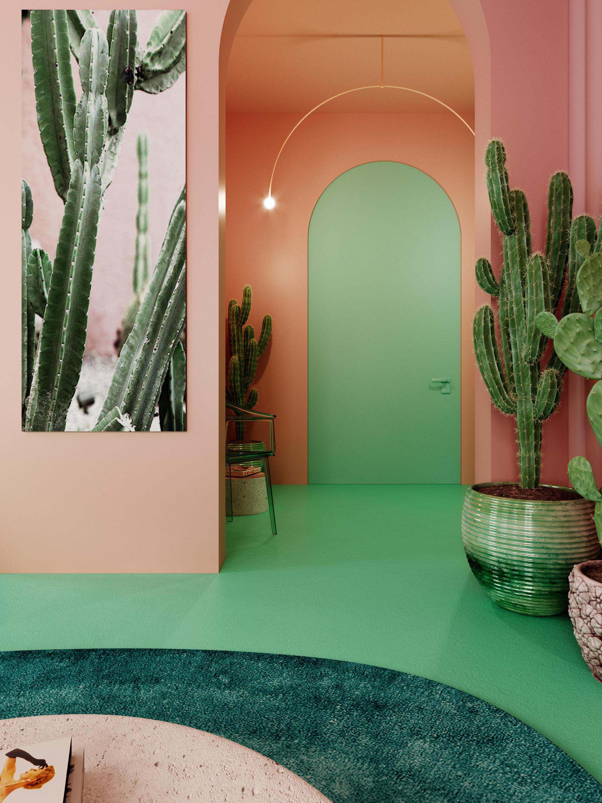 A green door welcomes visitors to this apartment, and one inside, the color palette is immediately visible, with pink walls and a concrete floor with a bright mint green finish.