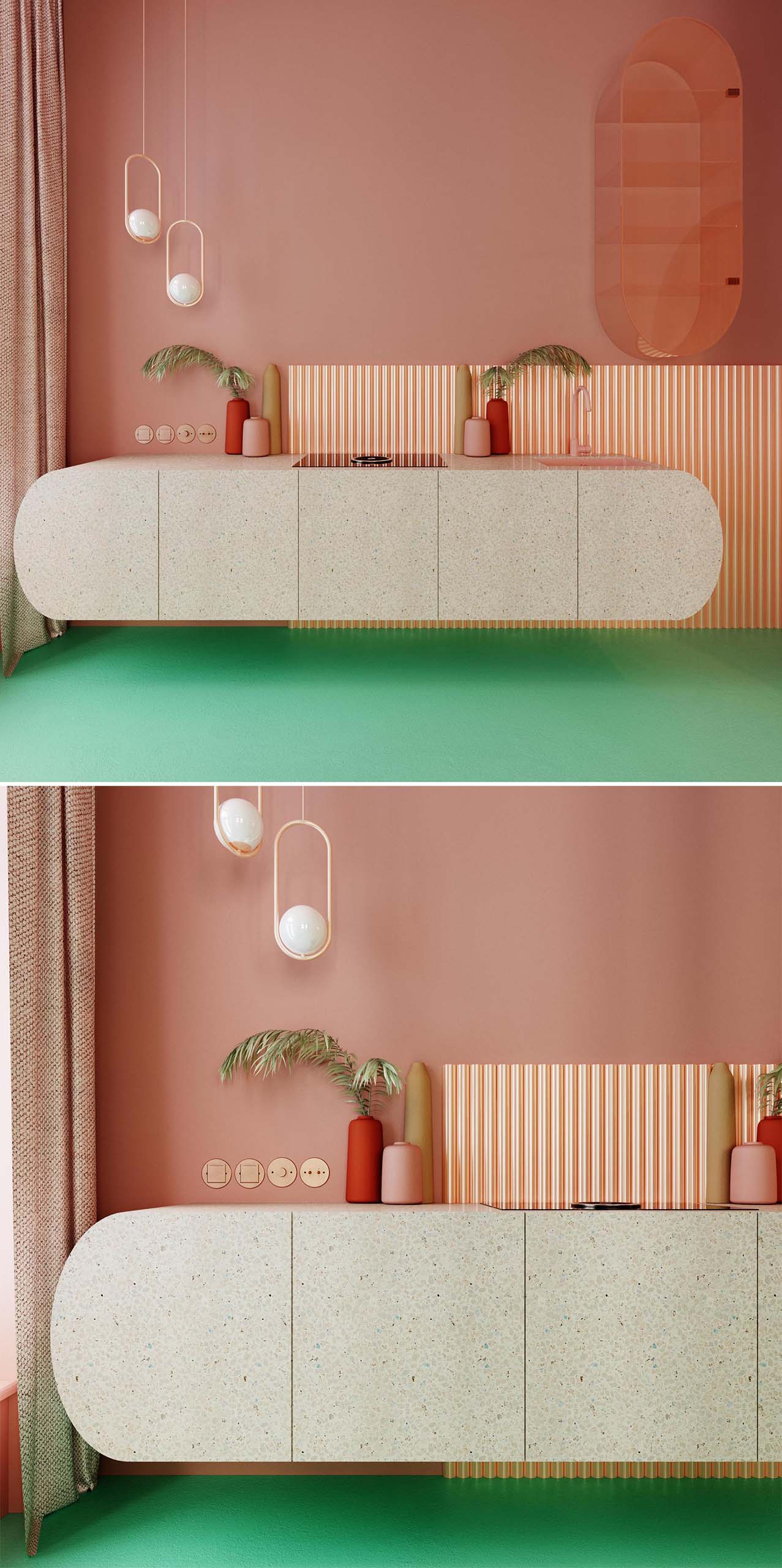 This pink and green kitchen includes materials such as terrazzo and plastic, and has floating cabinets. The metal backsplash, which is coated with copper, protects the wall and acts as a decorative function.