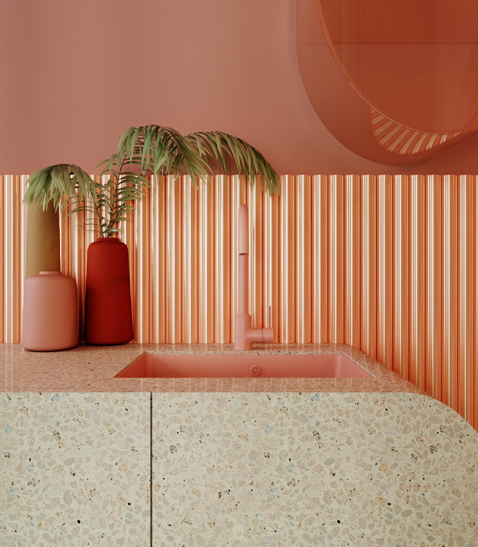 This pink and green kitchen includes materials such as terrazzo and plastic, and has floating cabinets. The metal backsplash, which is coated with copper, protects the wall and acts as a decorative function.