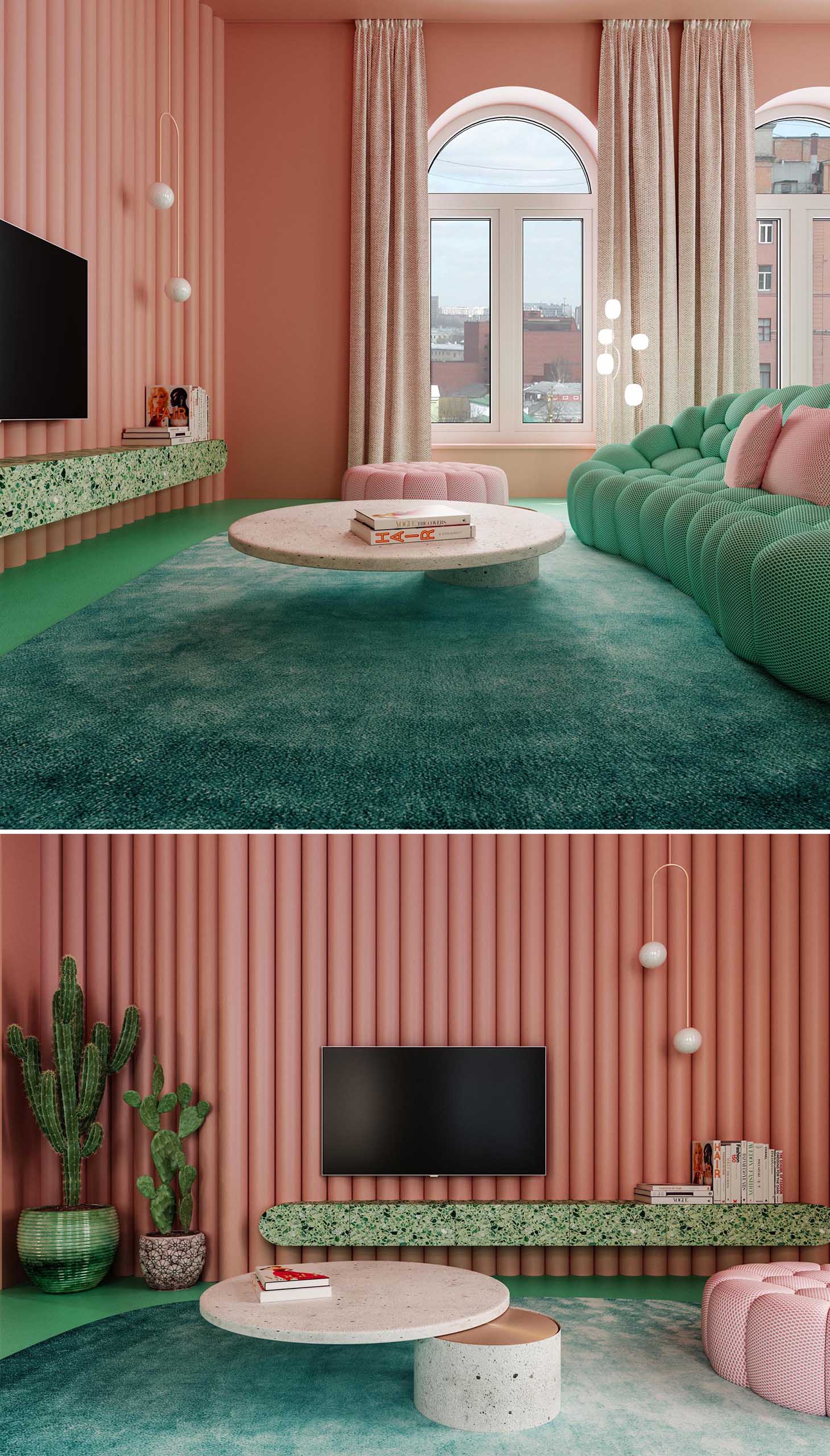 This colorful living room is defined in the open plan interior by the large dark green rug. The accent wall behind the TV adds texture to the space and is made from painted polyurethane cylinders. A custom coffee table designed by Dmitry Reutov, is made from concrete and copper.