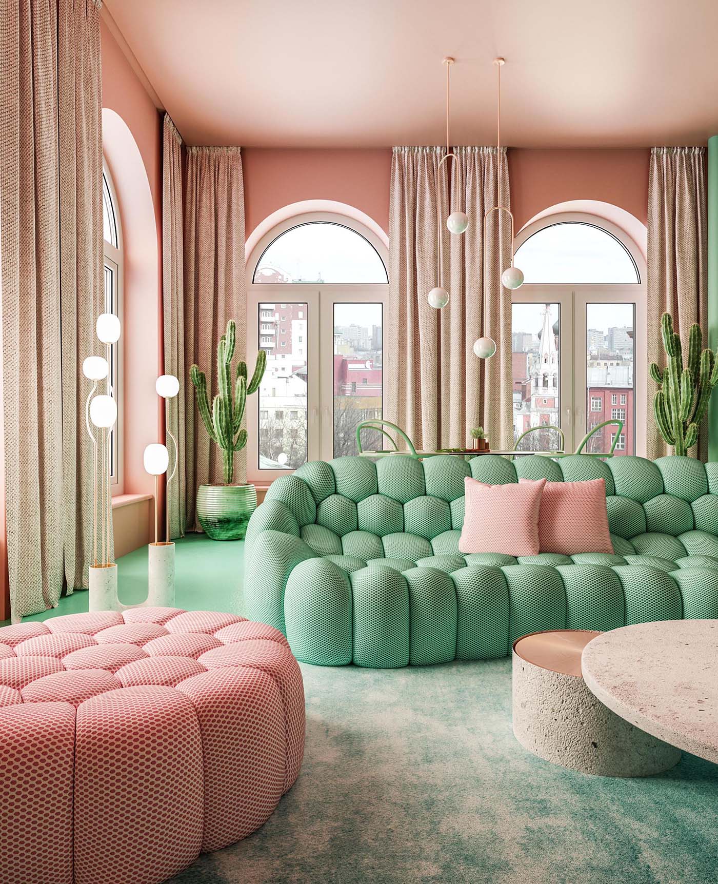 A Pastel Pink And Mint Green Color Palette Creates A Statement Interior a-funky-tetradic-colour-scheme-double-complementary-colour-scheme