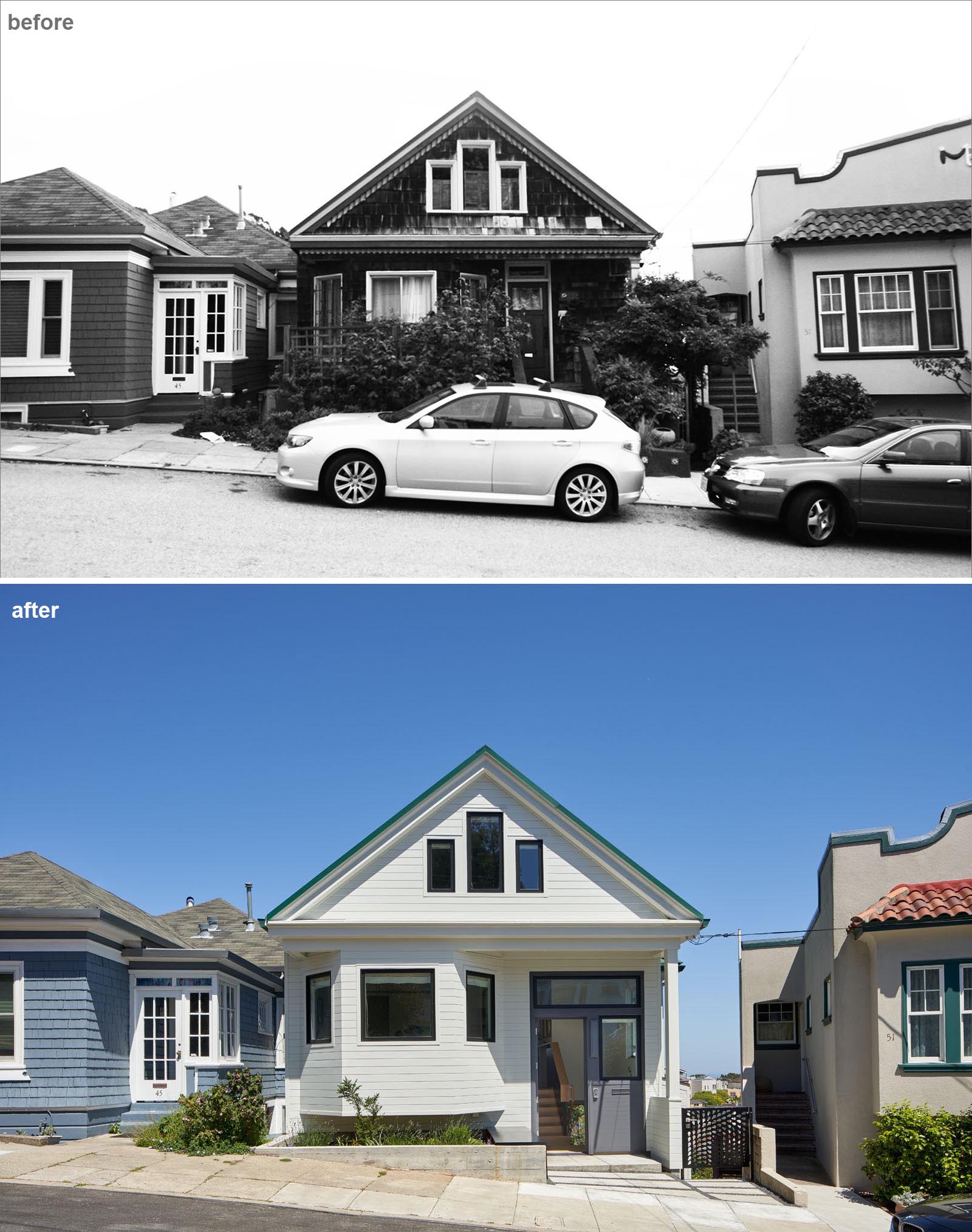 A remodeled home with a new white exterior.