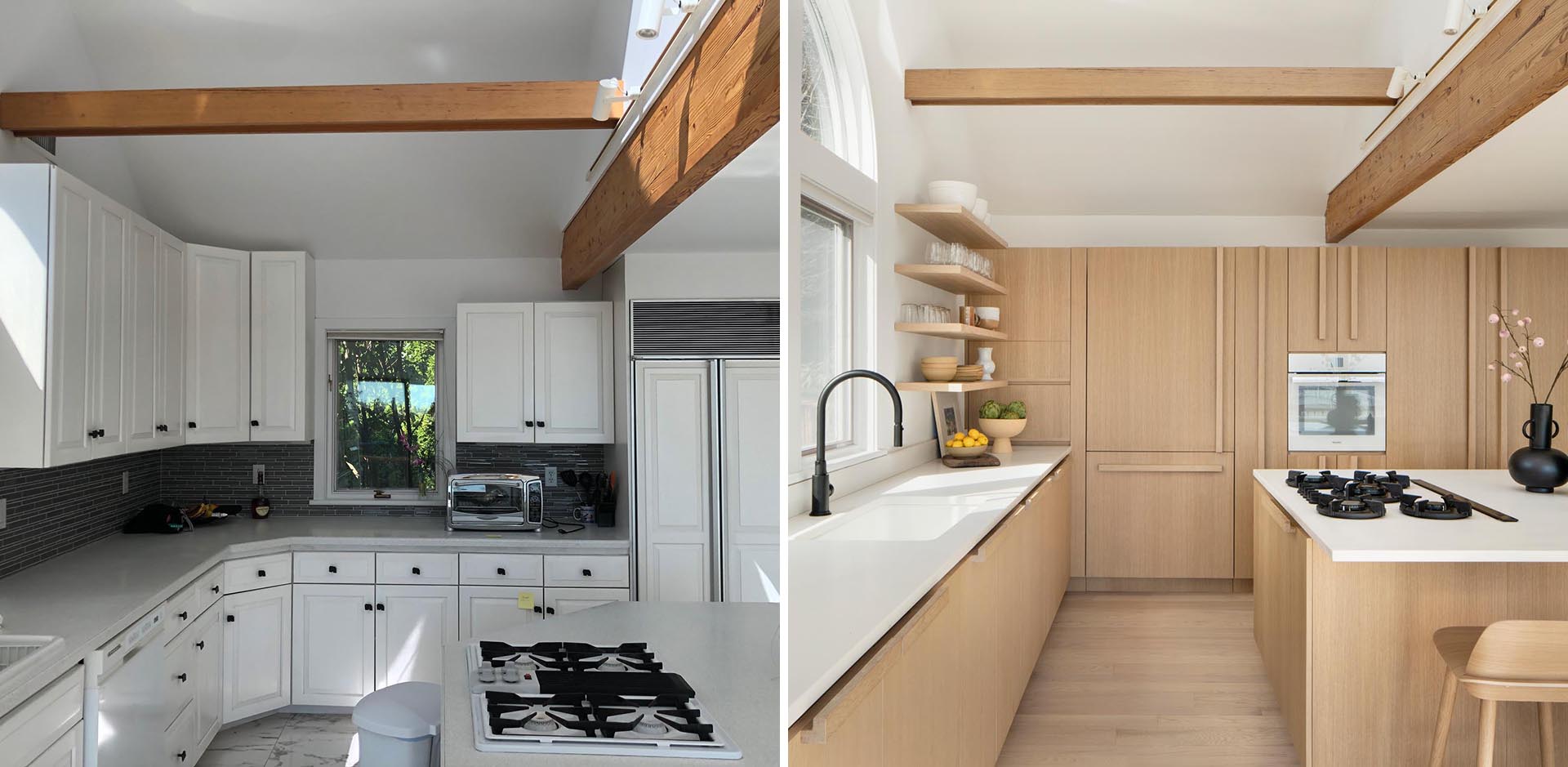 A remodeled kitchen with water-based white rift oak for the cabinets, a large island, and quartz countertops.